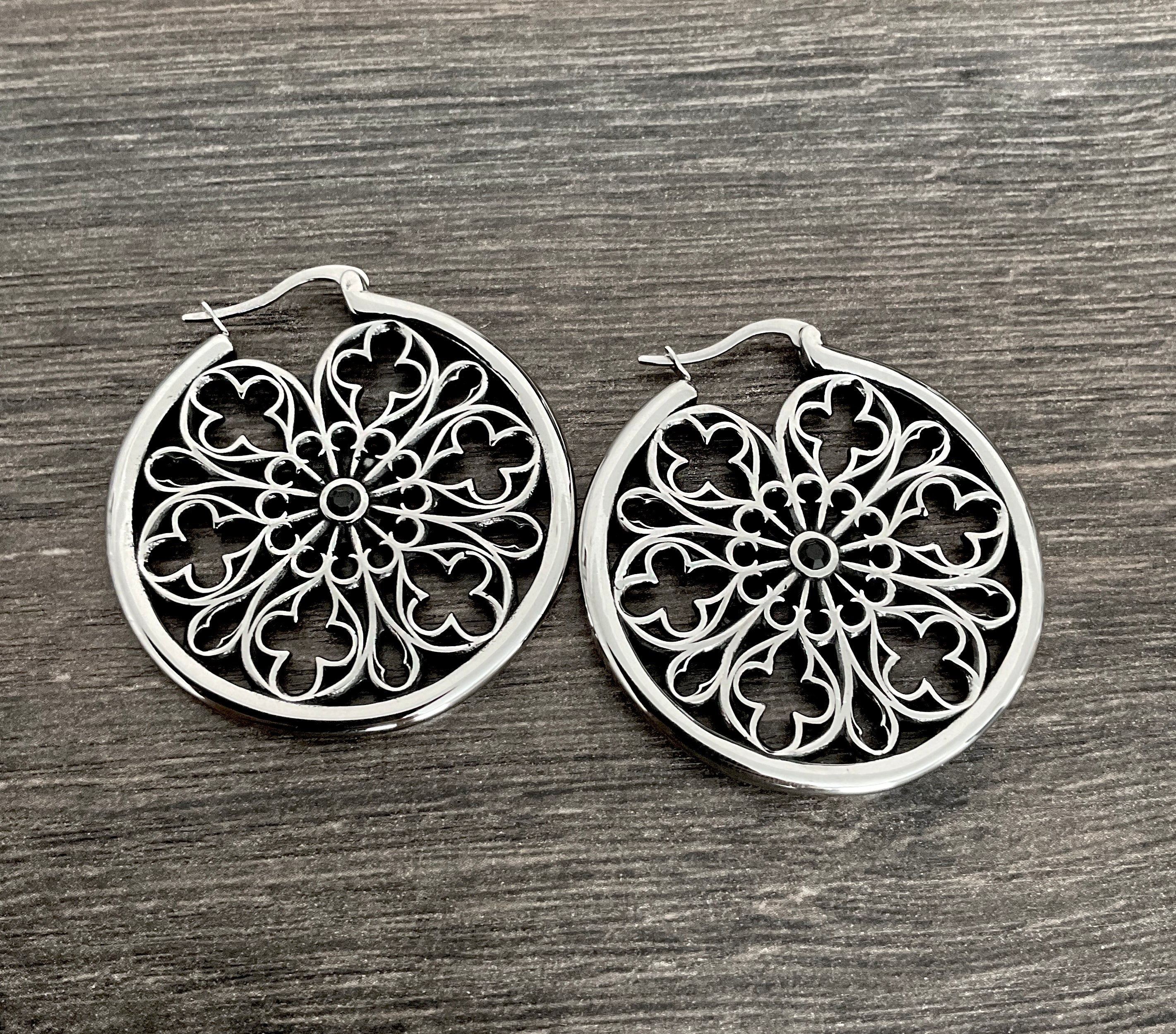 Gothic hoop earrings with Black CZ in Silver