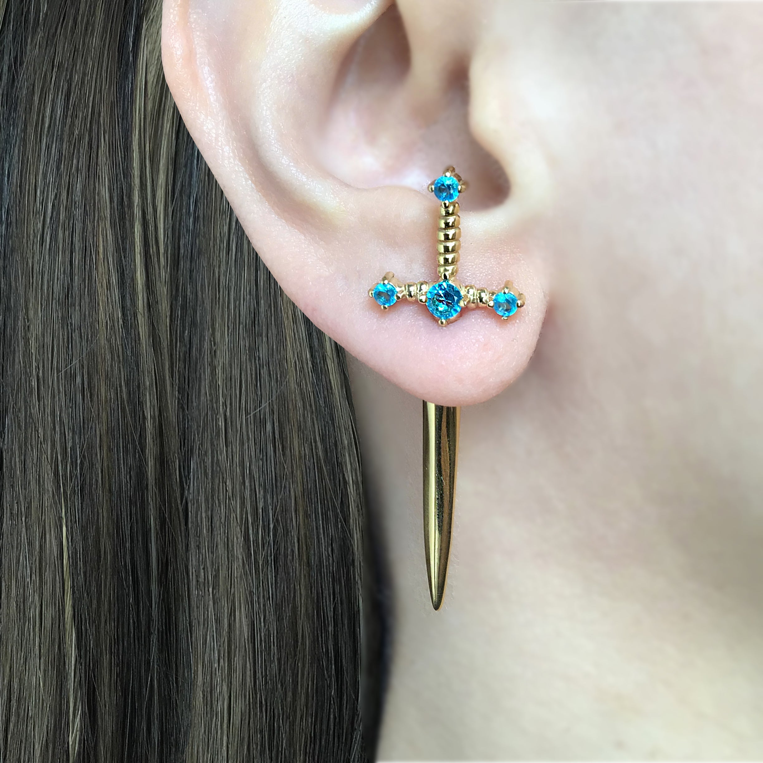 Kali Sword ear jacket with Aquamarine CZ