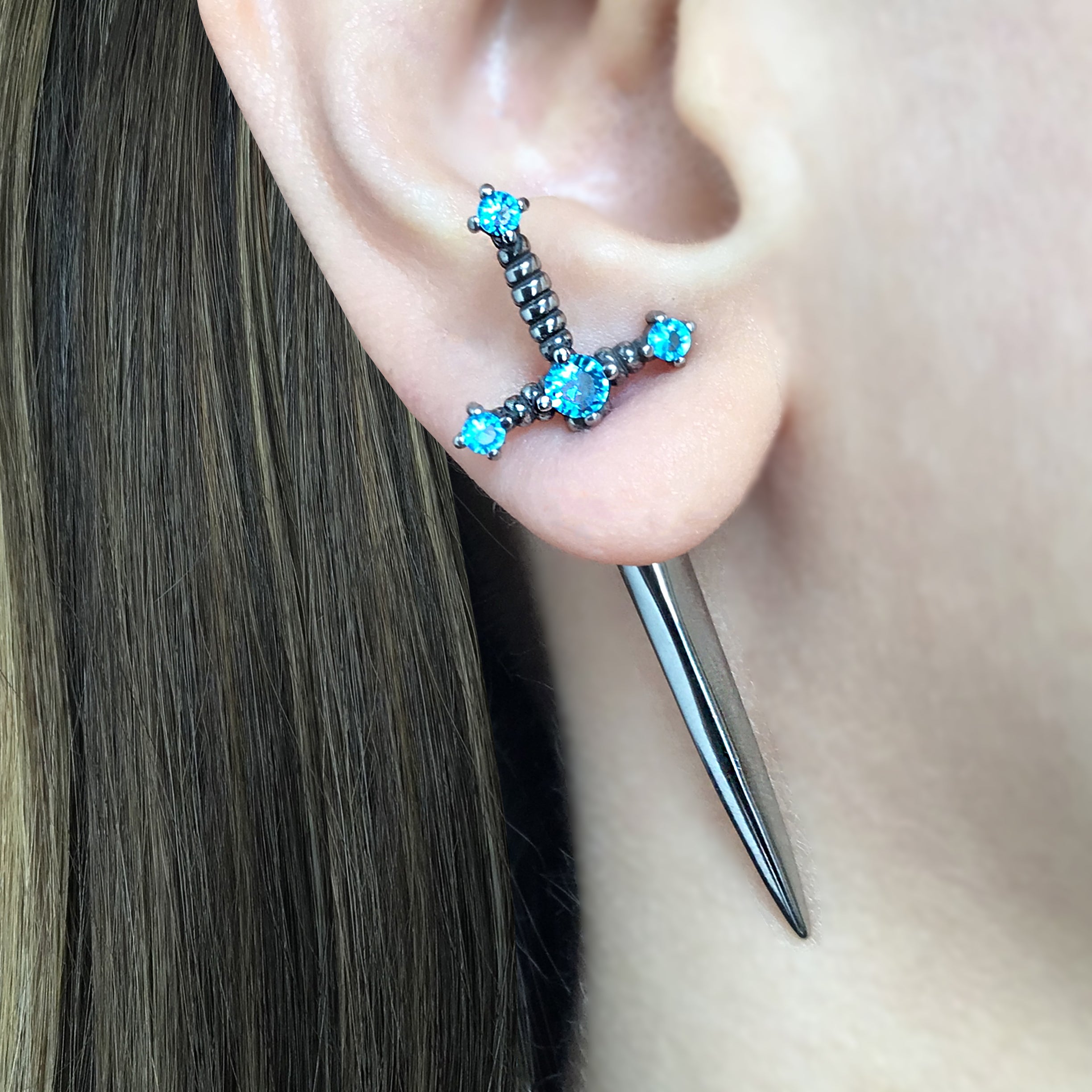 Kali Sword ear jacket with Aquamarine CZ