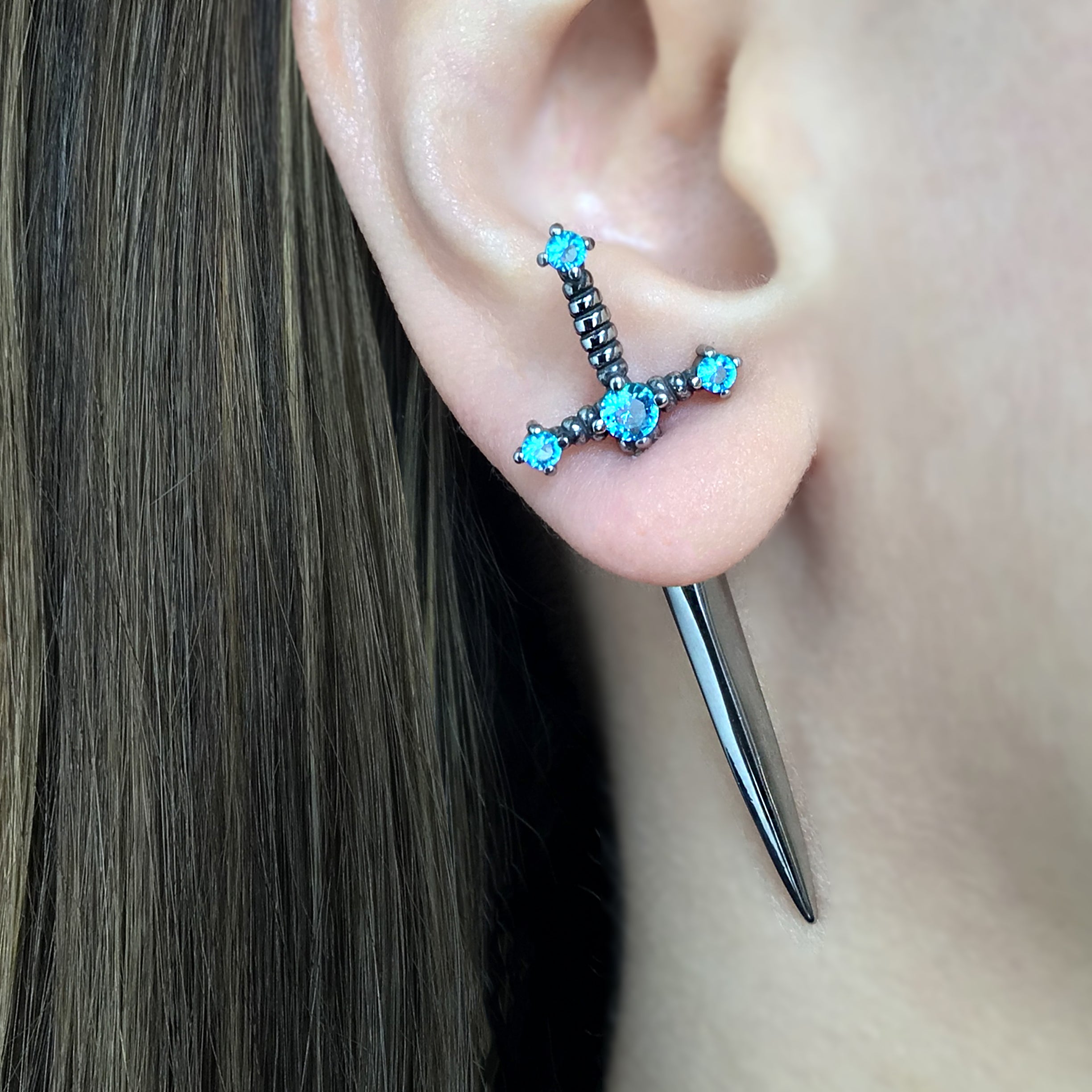 Kali Sword ear jacket with Aquamarine CZ