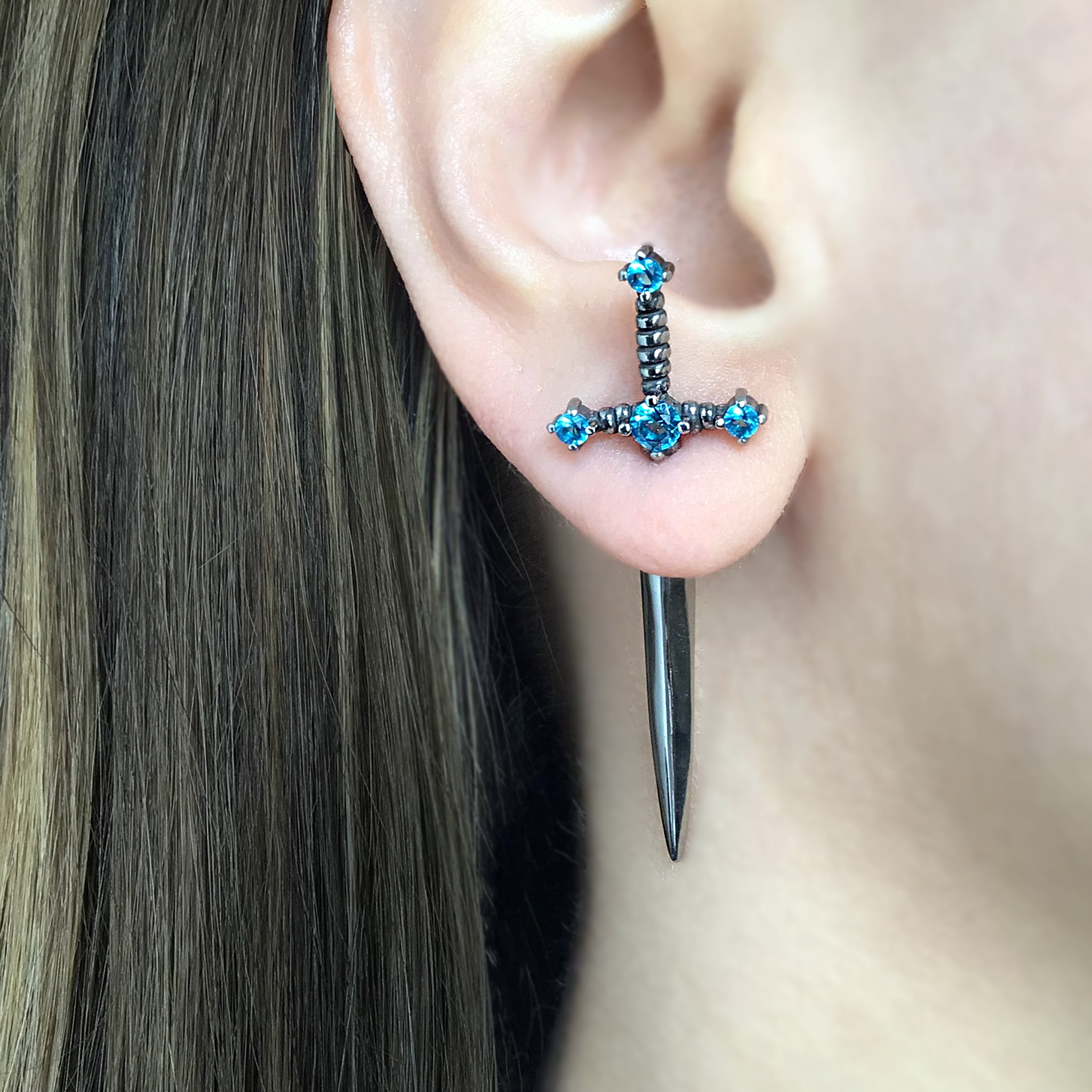 Kali Sword ear jacket with Aquamarine CZ