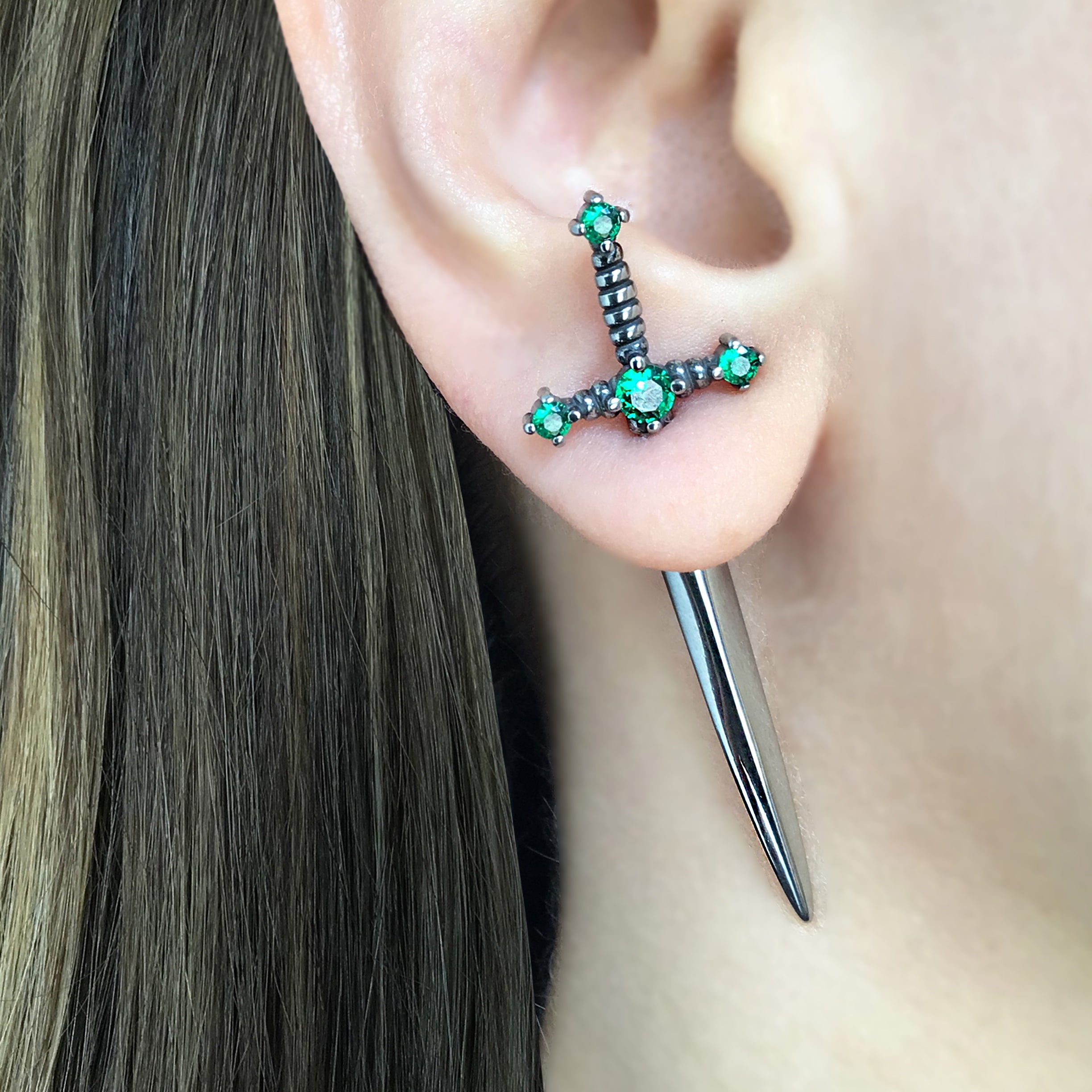 Kali Sword ear jacket with Green CZ