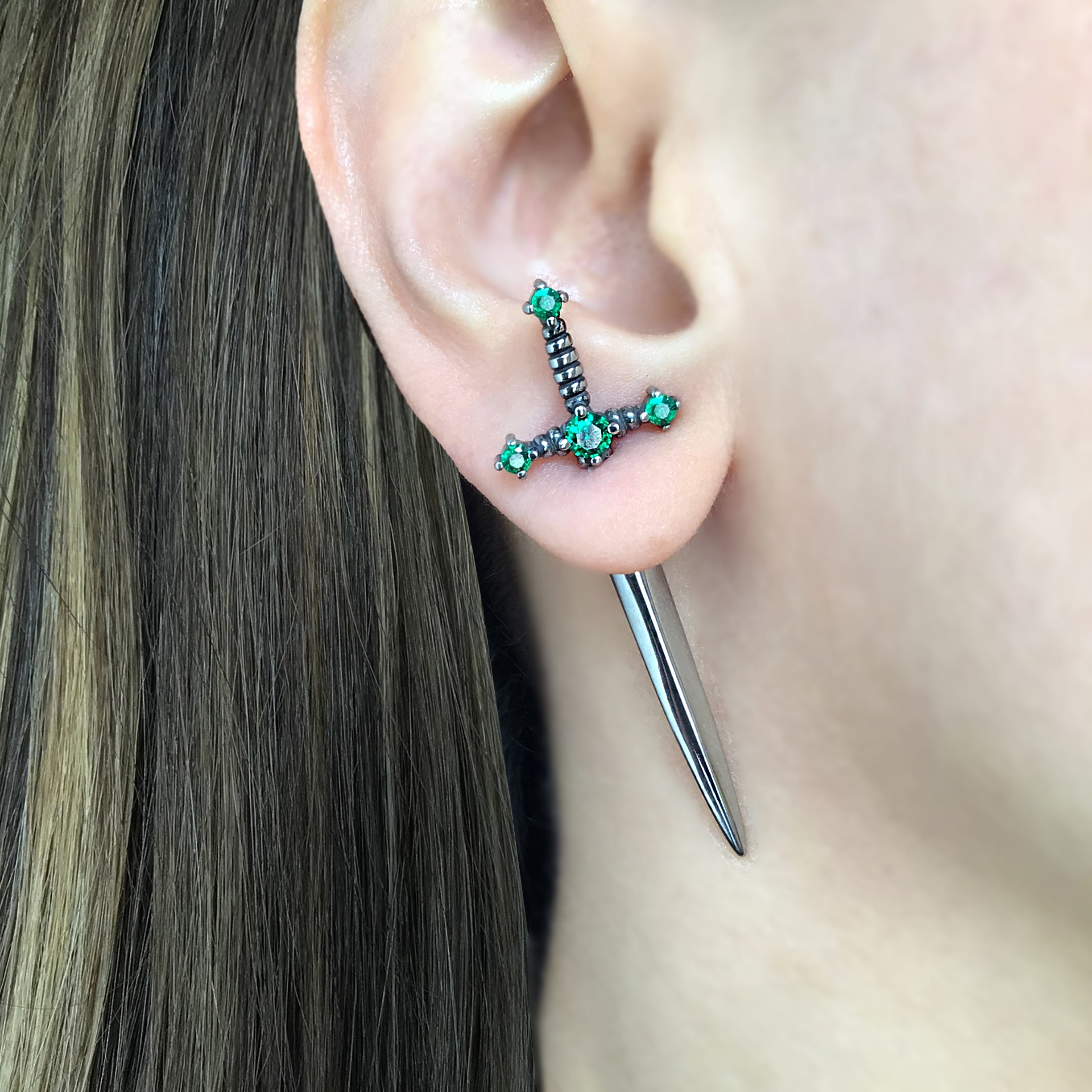 Kali Sword ear jacket with Green CZ