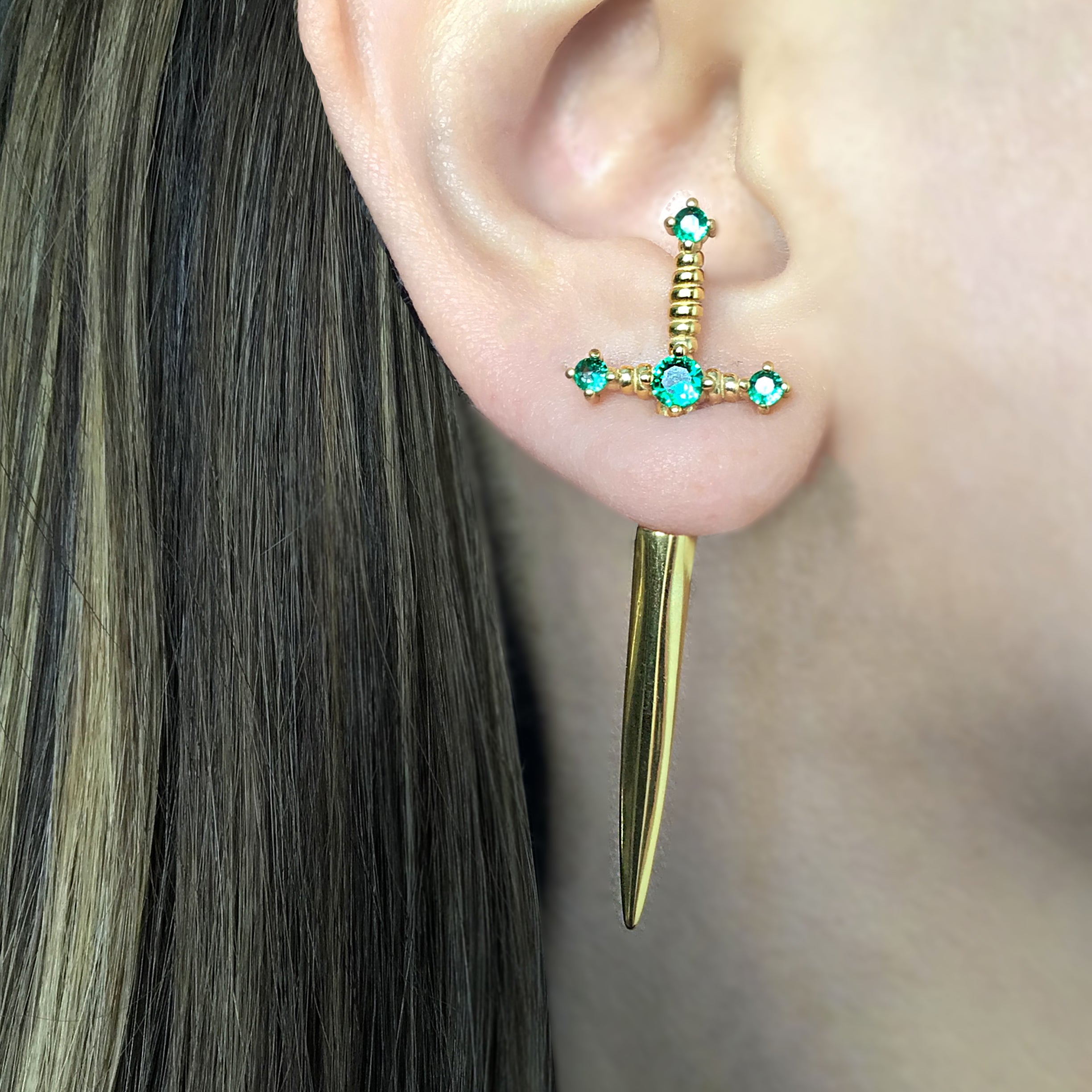 Kali Sword ear jacket with Green CZ