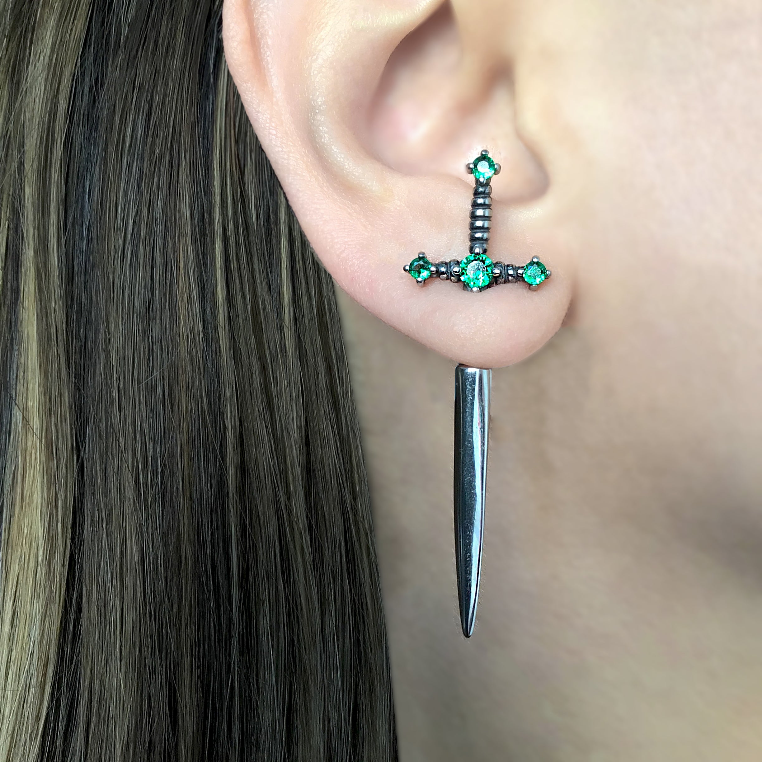 Kali Sword ear jacket with Green CZ