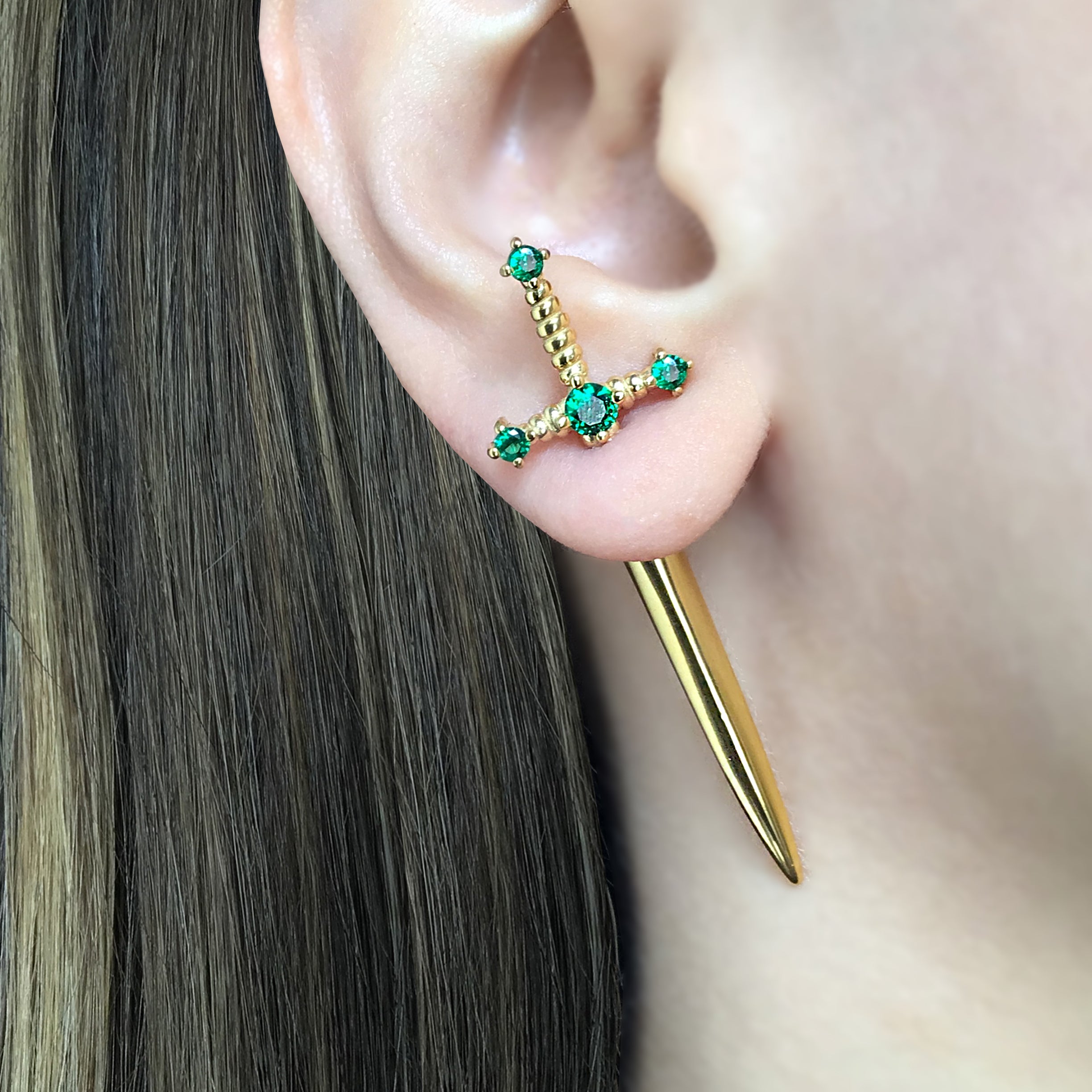 Kali Sword ear jacket with Green CZ