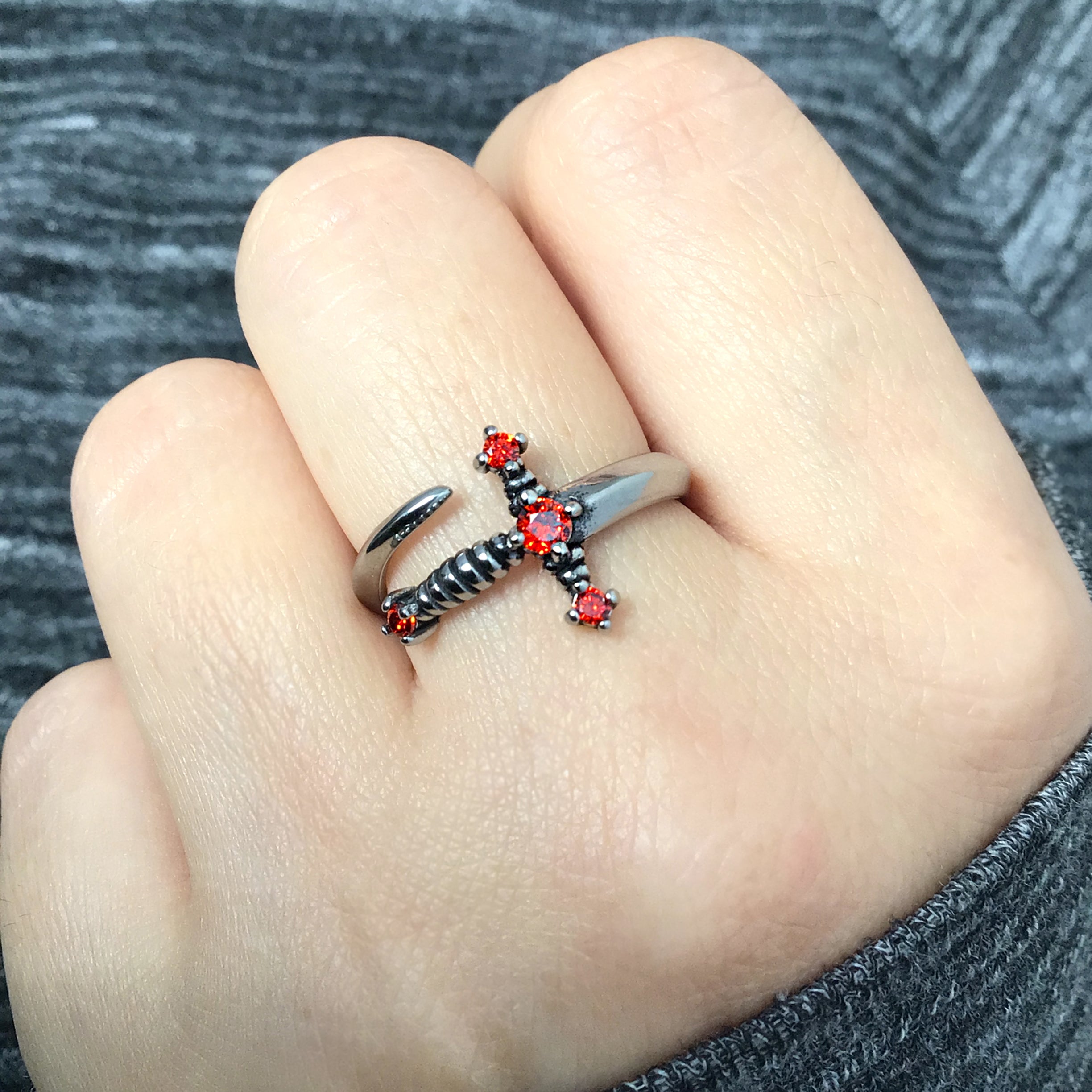 Kali Sword ring with Ruby CZ stones