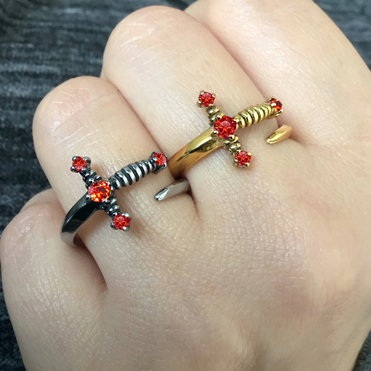 Kaliman Rings Kali Sword ring with Ruby CZ stones
