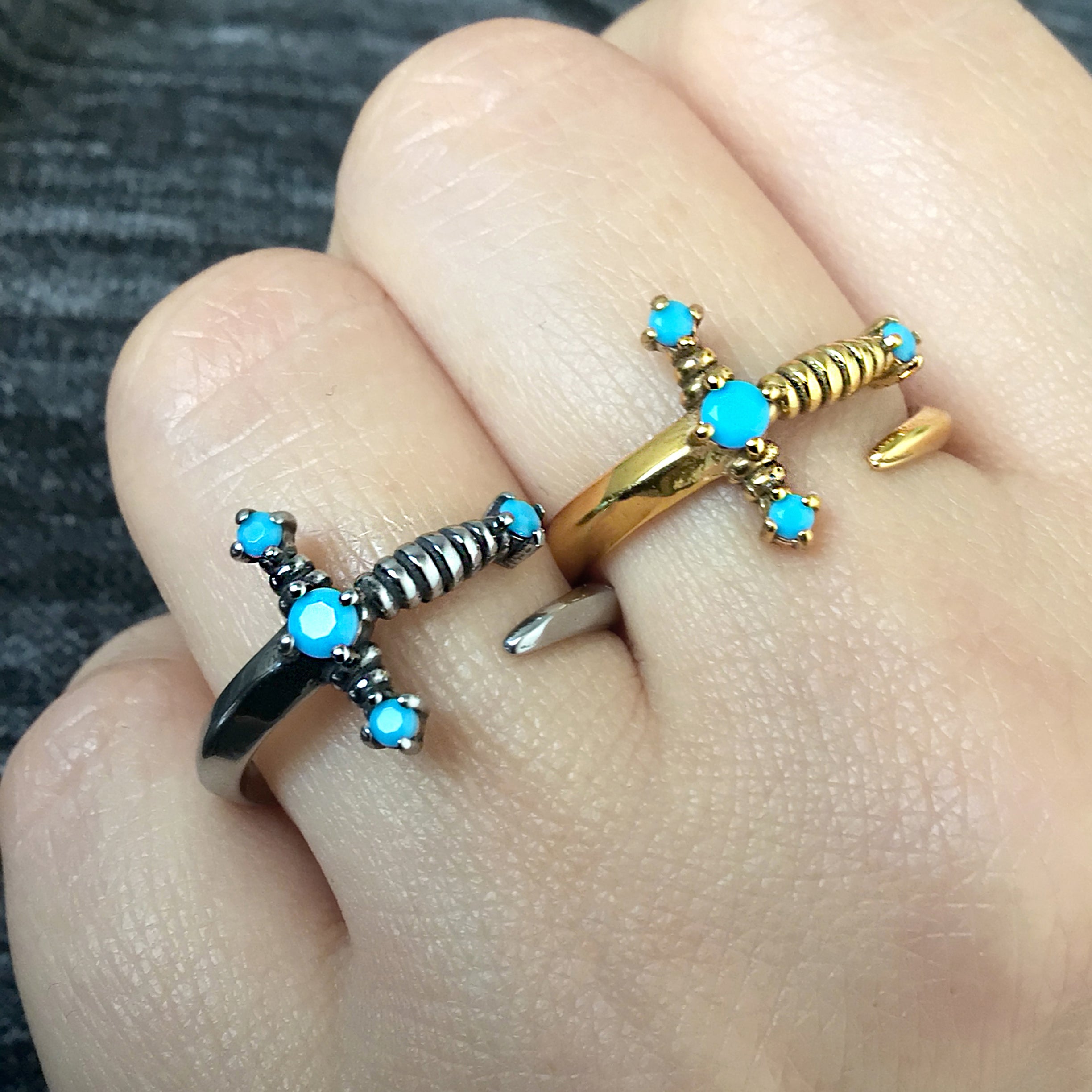 Kali Sword ring with Turquoise CZ stones