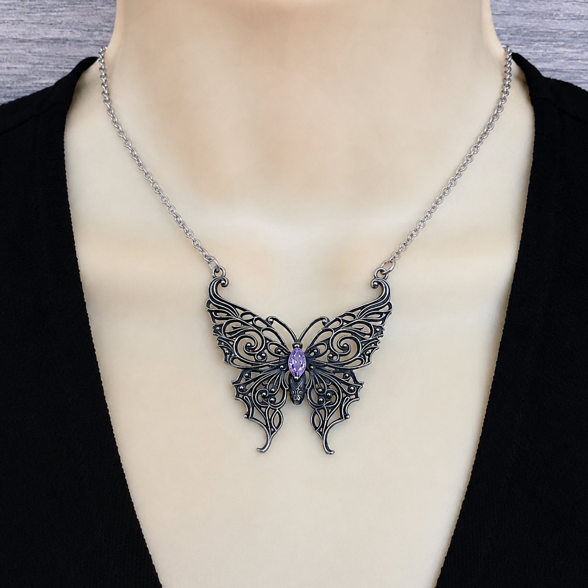 Victorian Lace Butterfly necklace with Purple stone