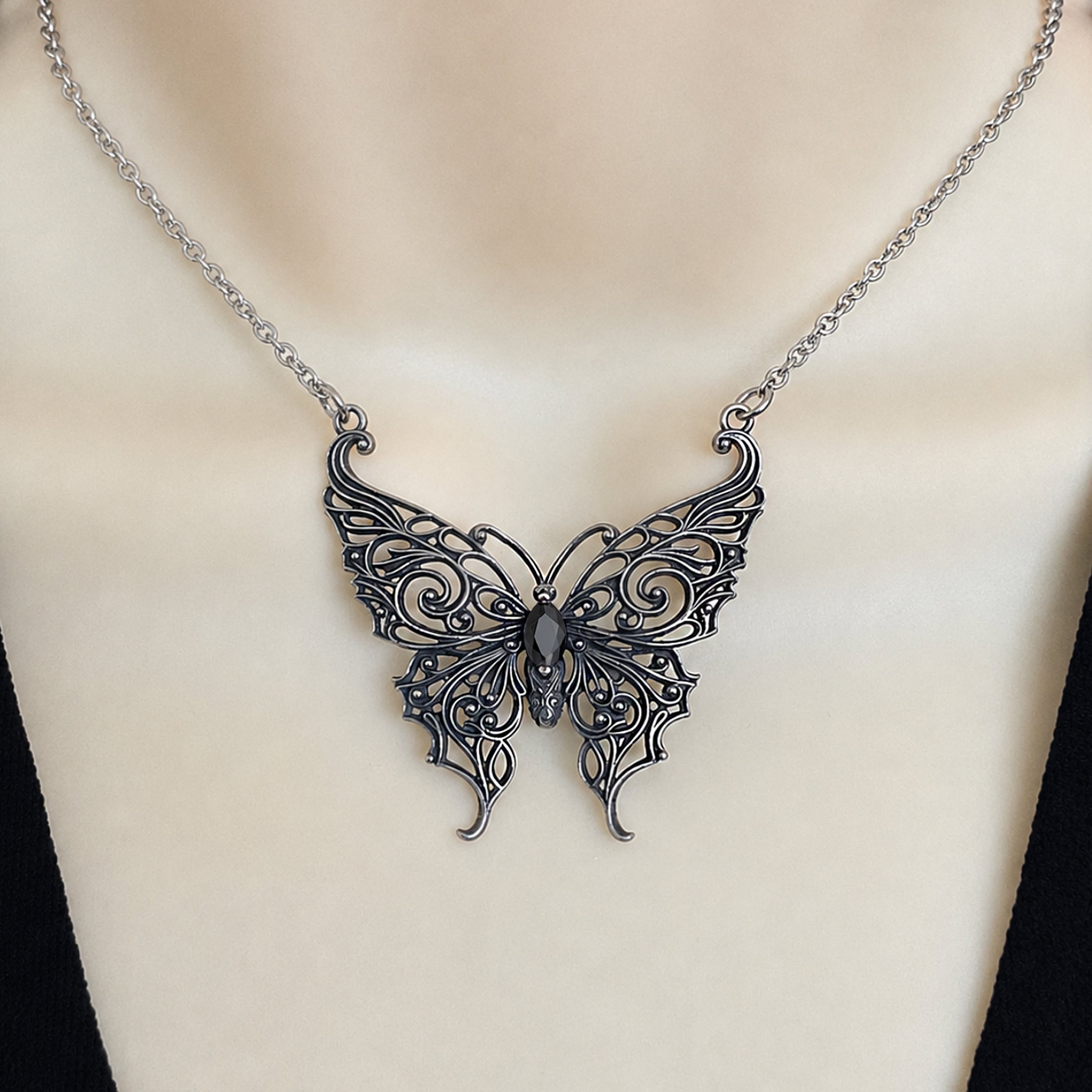 Victorian Lace Butterfly necklace with Black stone