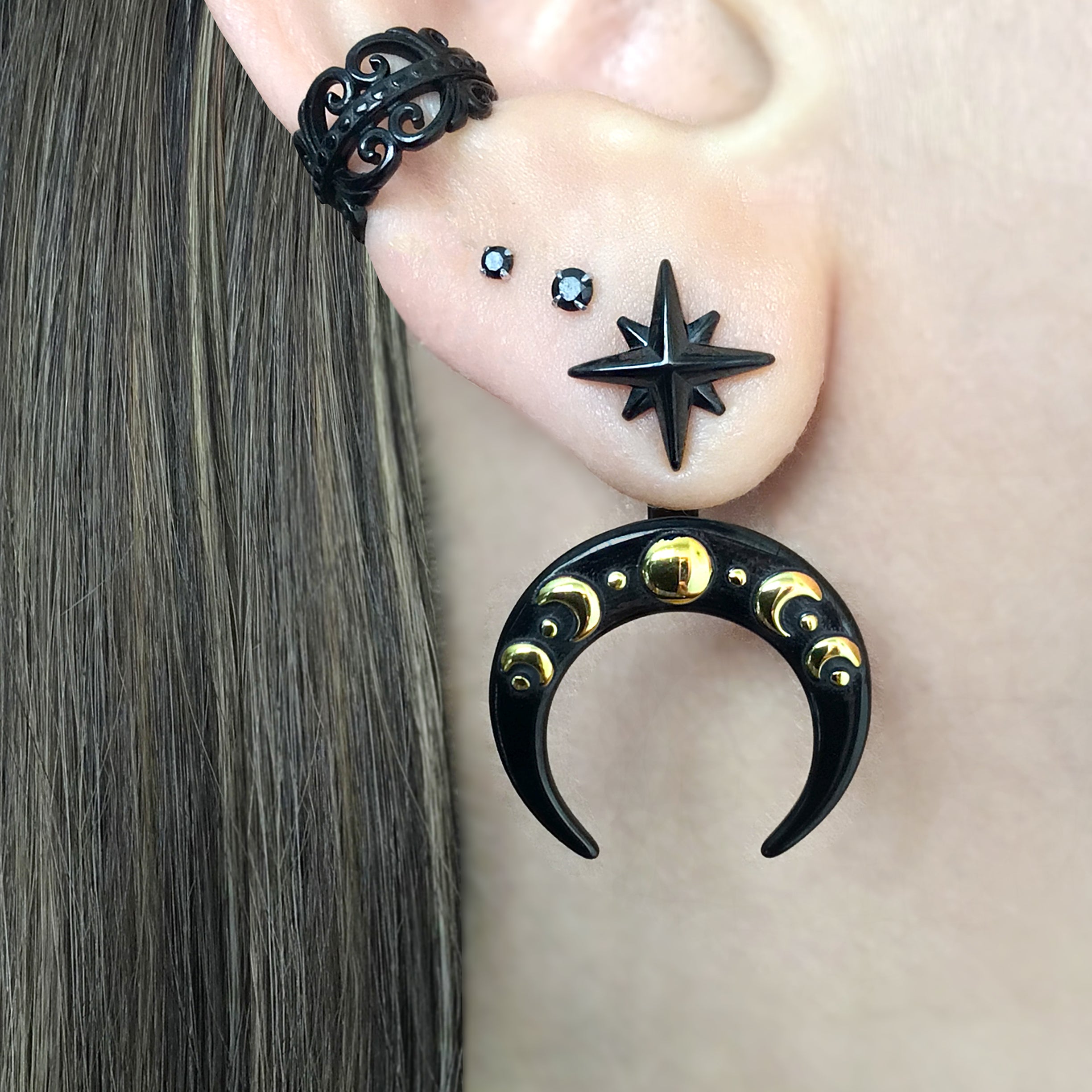 Moon phase and star front back earrings