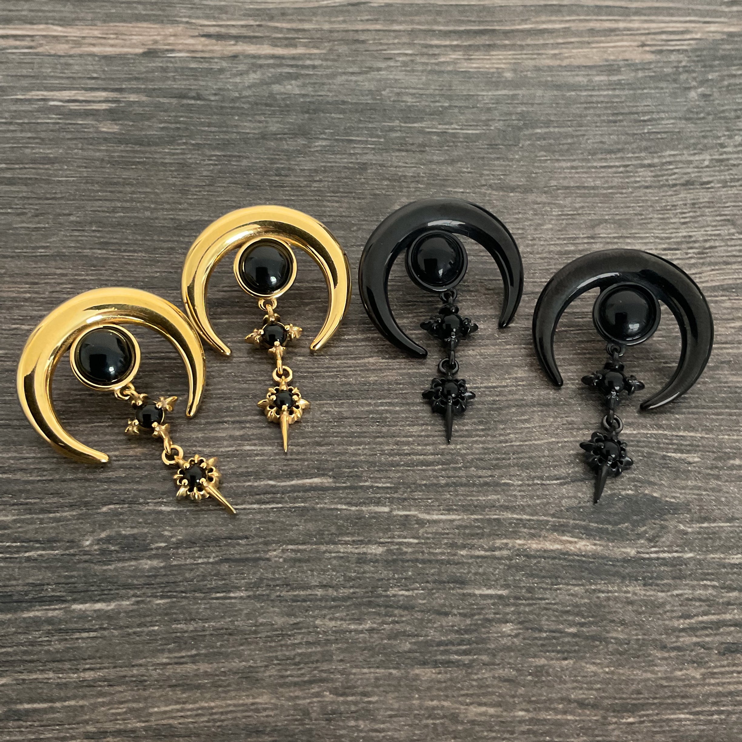 Black Moon with Stars  earrings in Gold