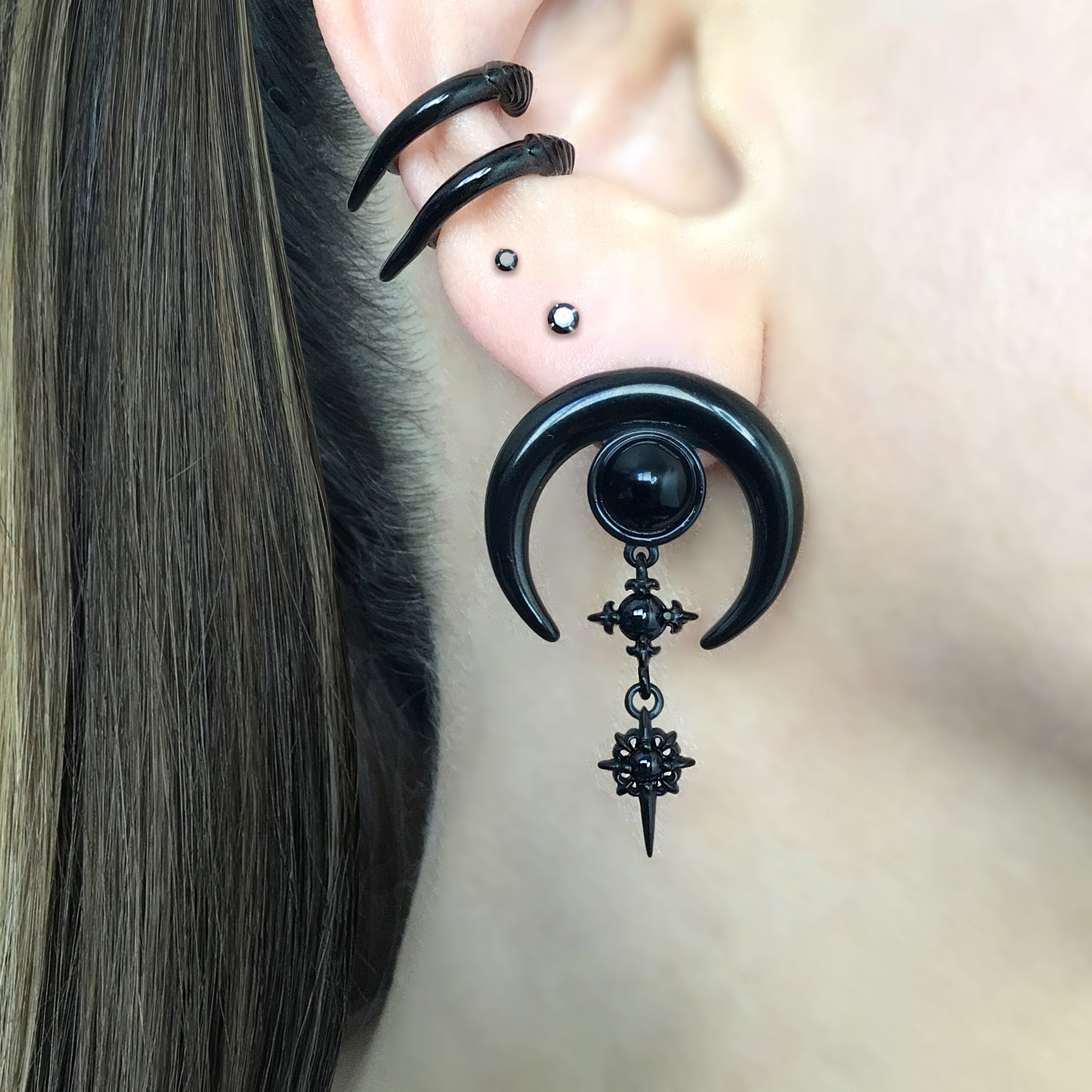 Black Moon with Stars  earrings in Gold