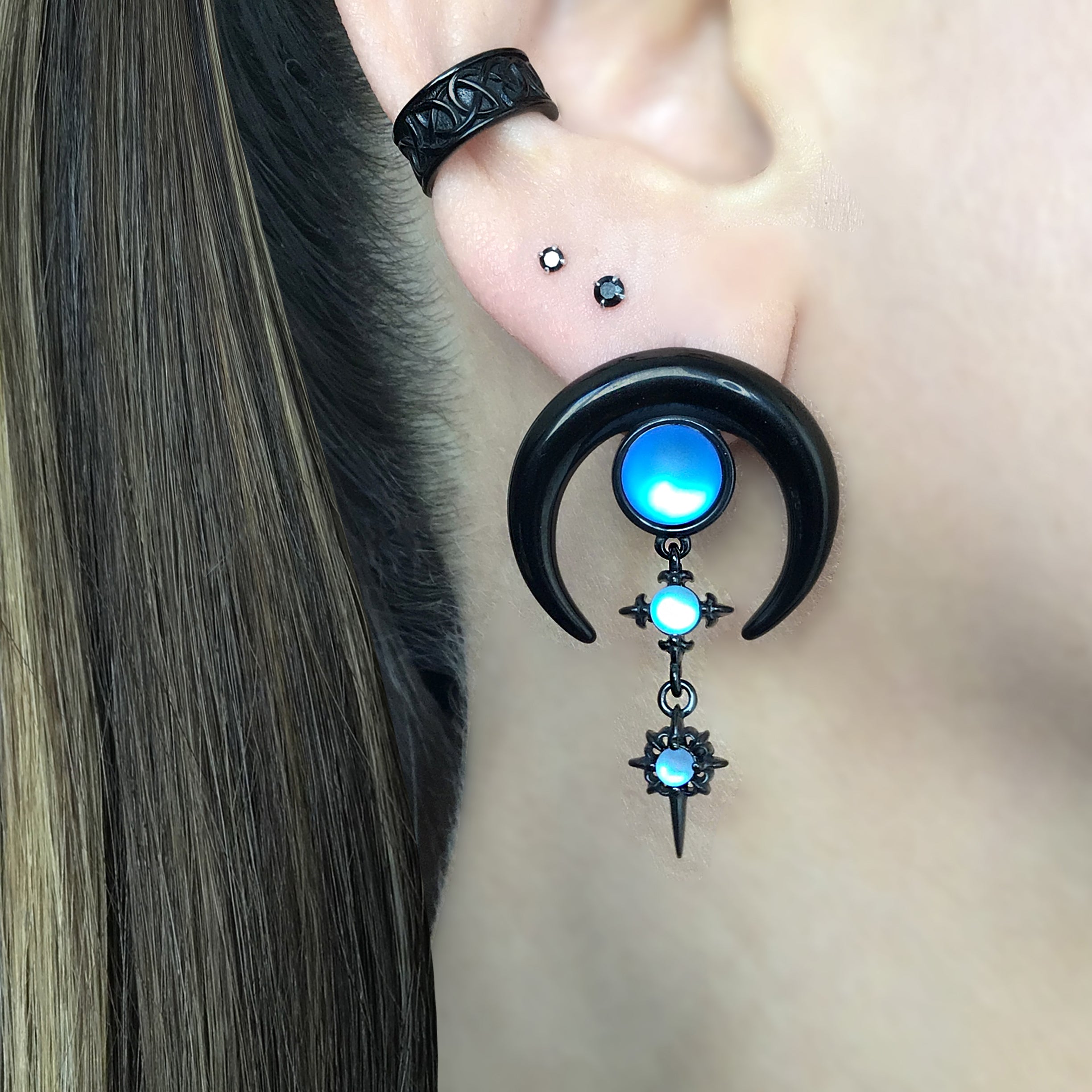 Blue Moon with Stars  earrings in Black