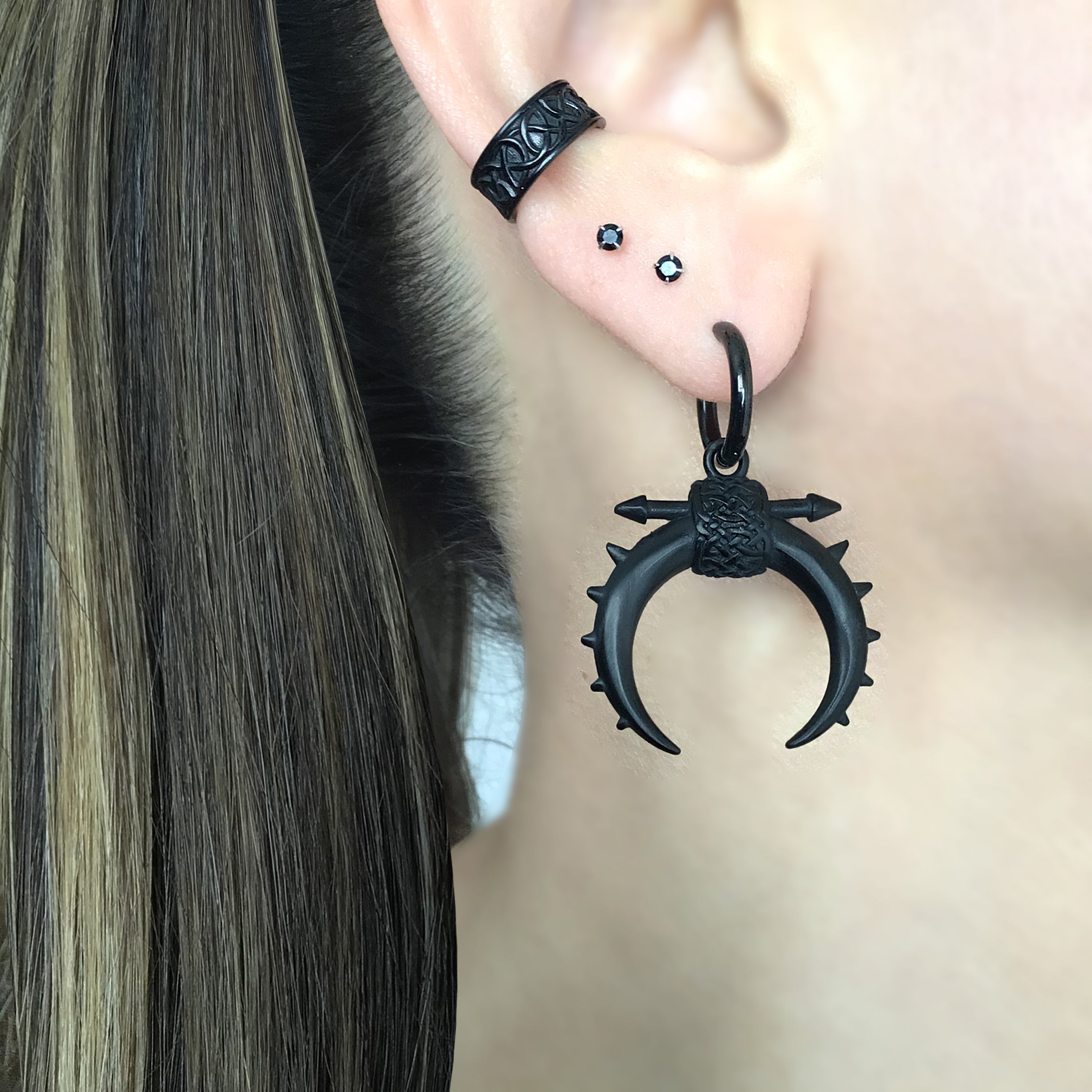 Moon with Spikes hoop earrings in Black