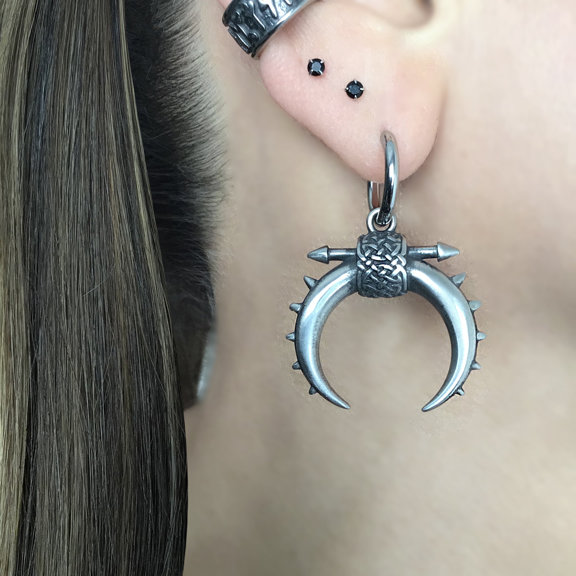 Moon with Spikes hoop earrings in Black