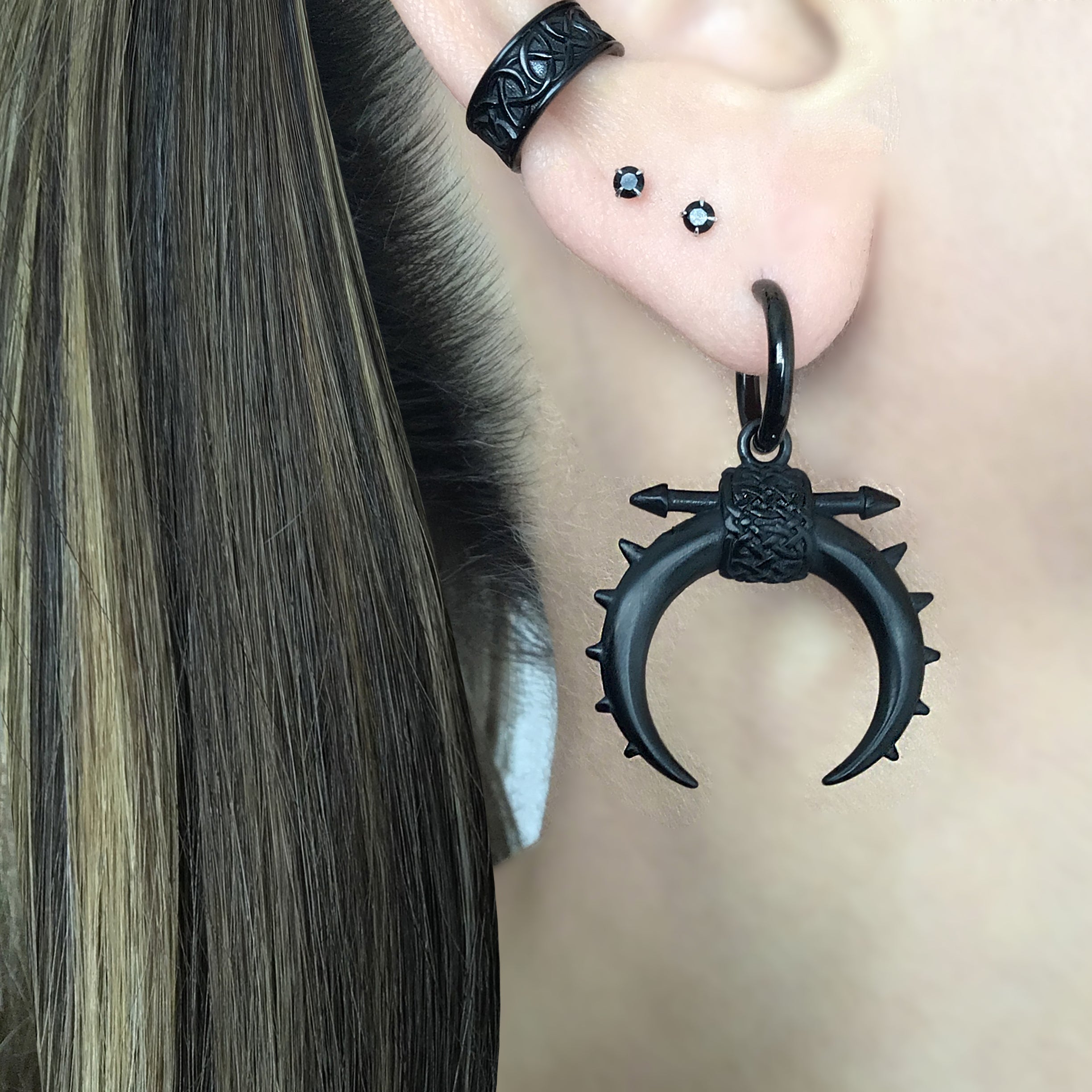 Moon with Spikes hoop earrings in Black