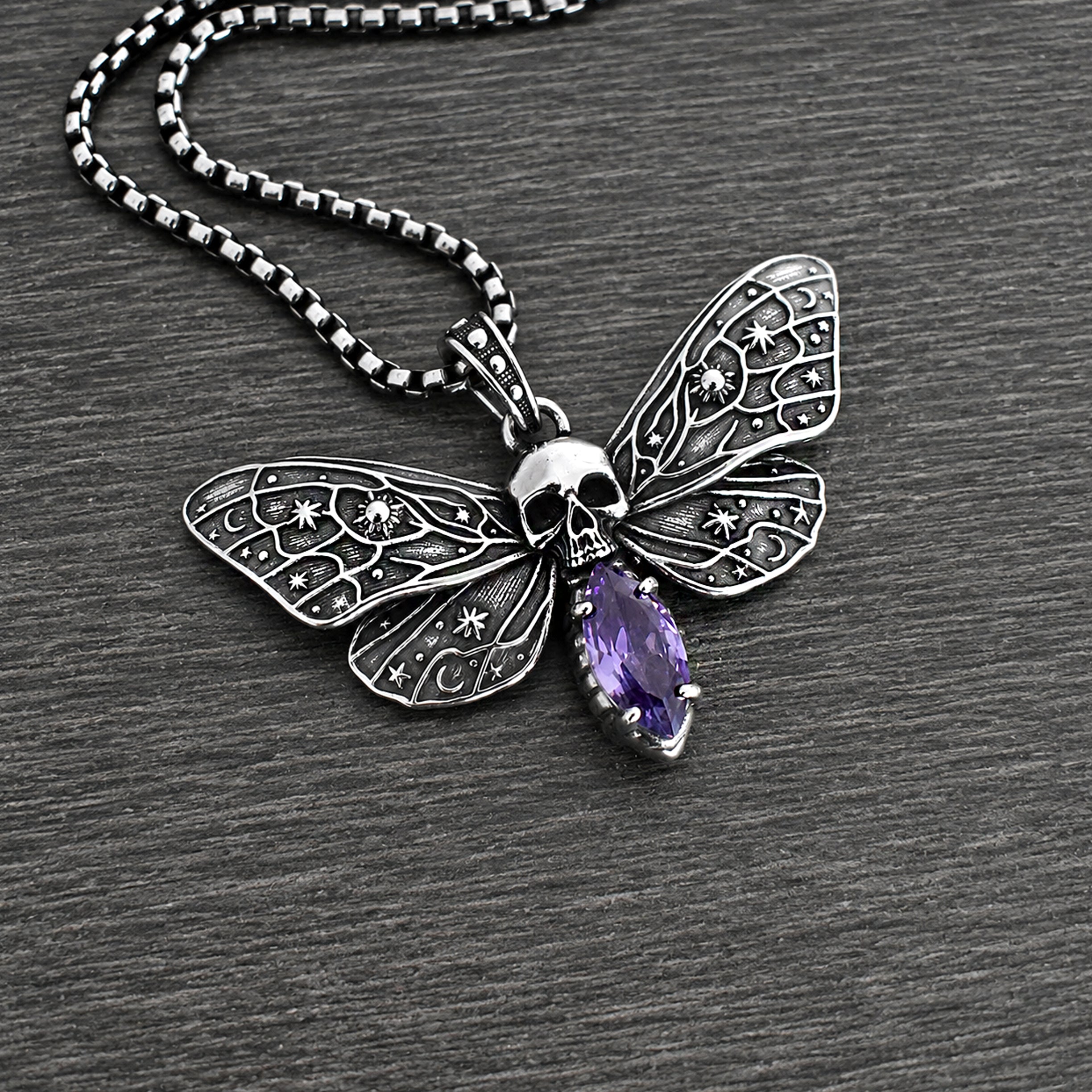 Cosmic Skull Moth Necklace with Purple stone