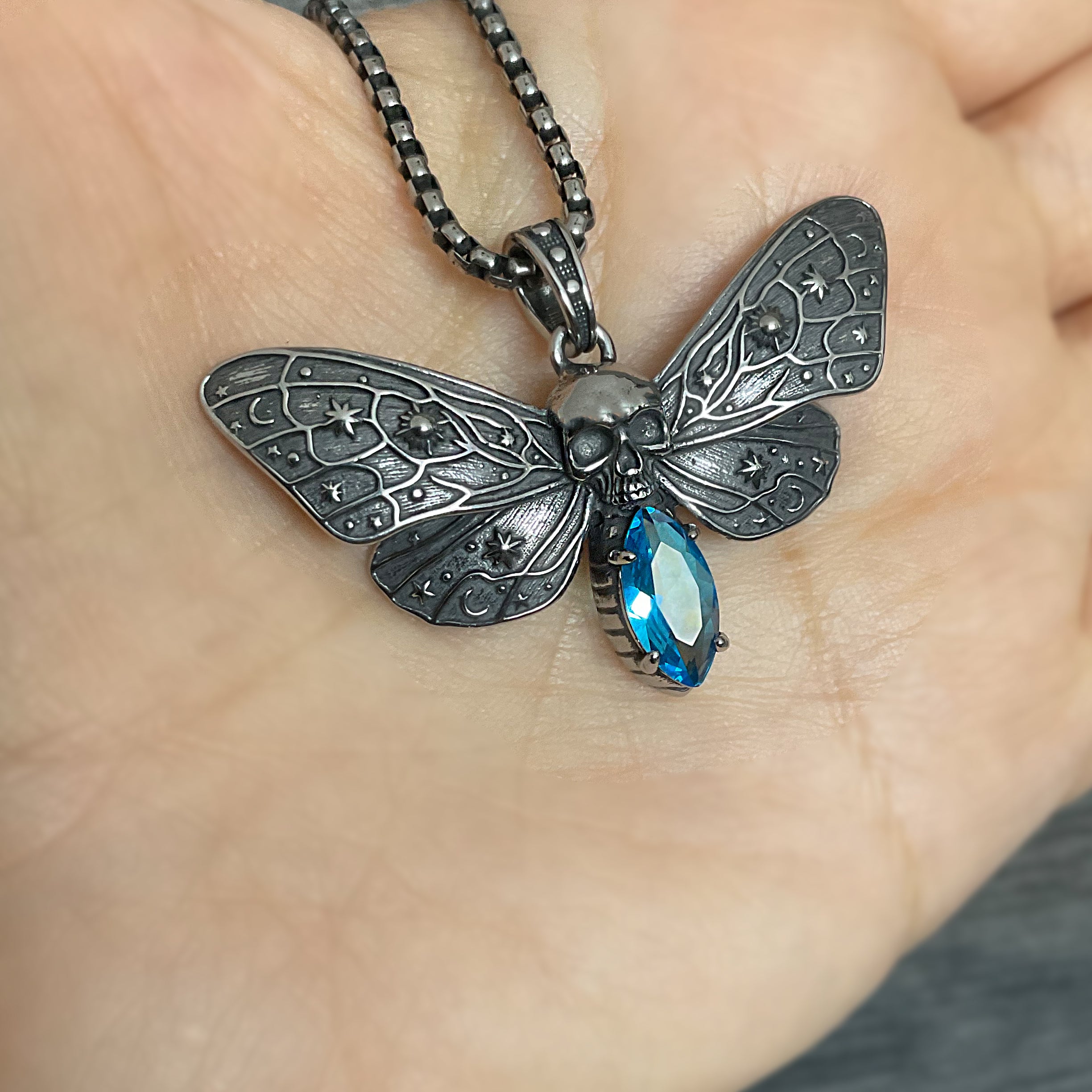 Cosmic Skull Moth Necklace with Blue stone