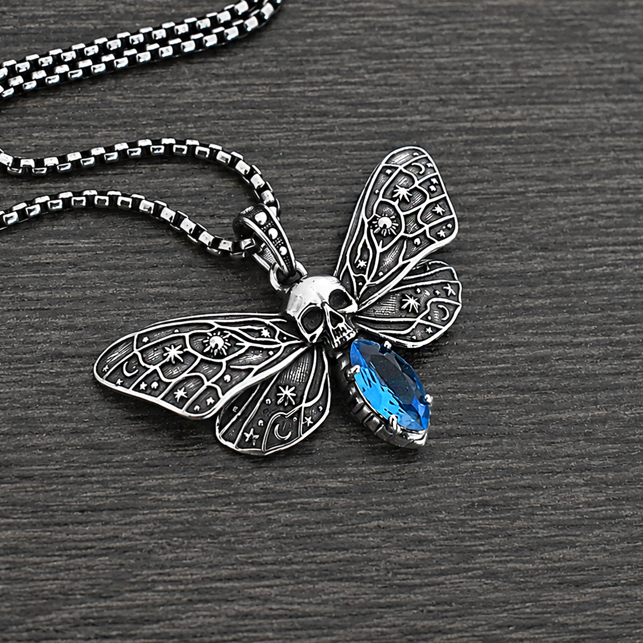 Cosmic Skull Moth Necklace with Blue stone