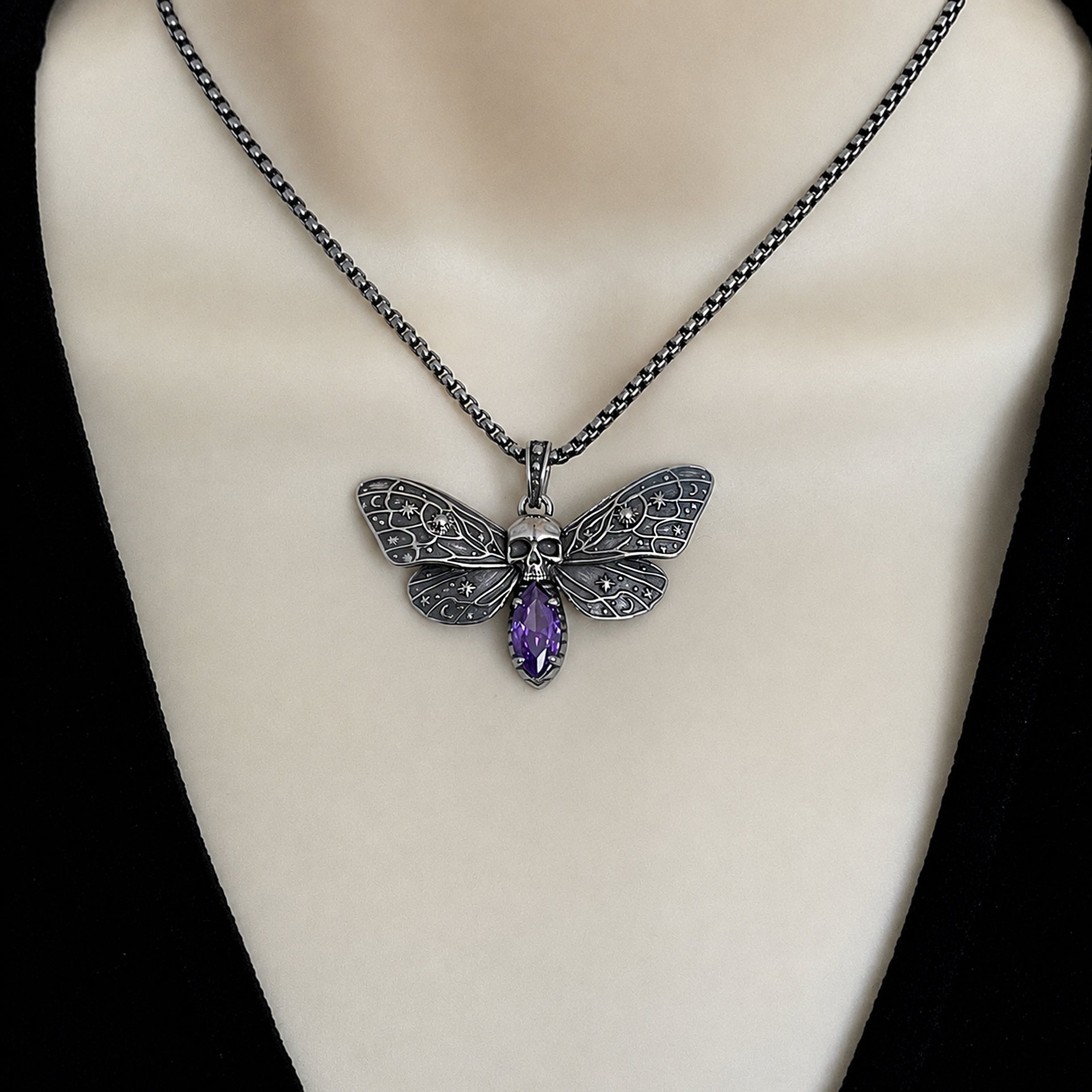 Cosmic Skull Moth Necklace with Purple stone