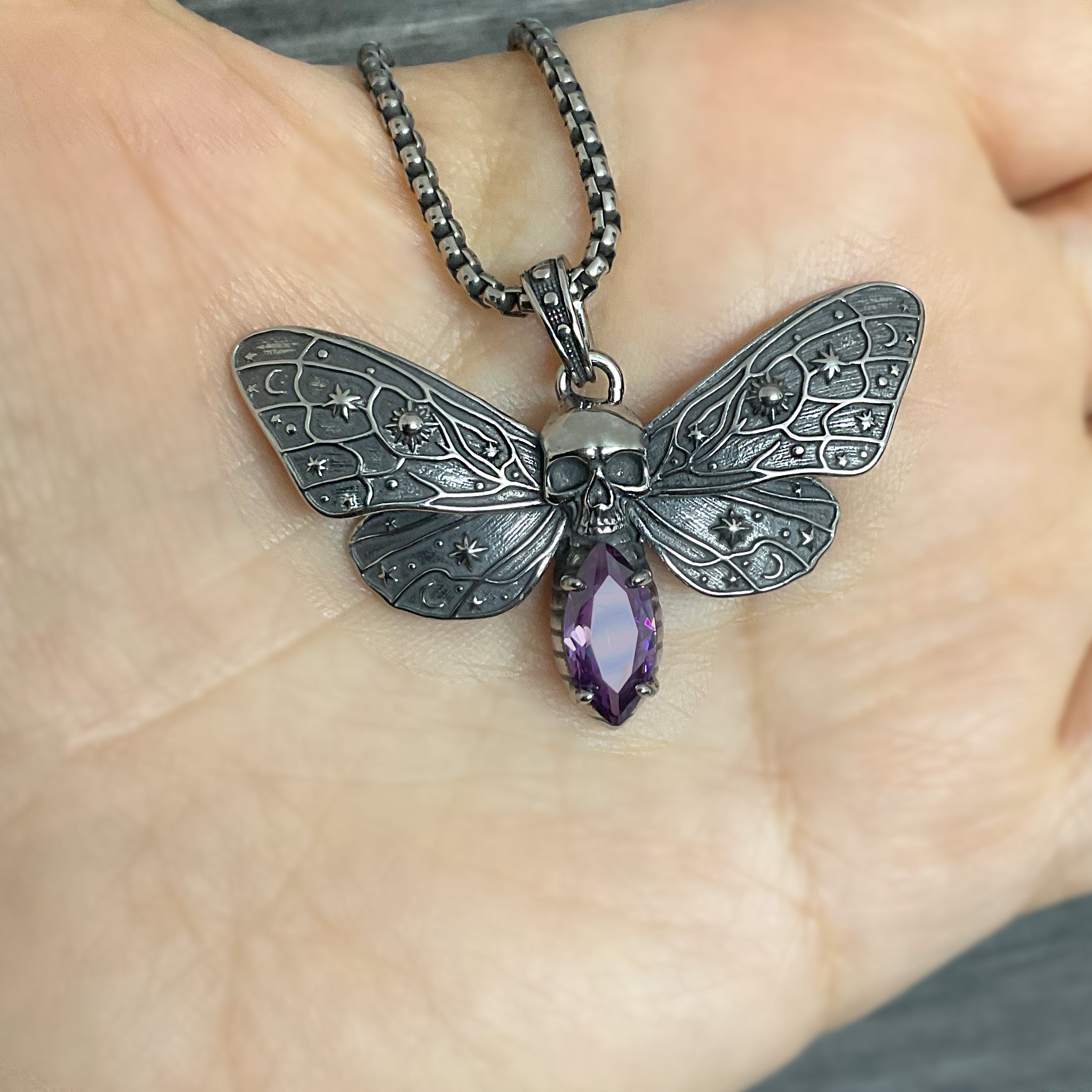 Cosmic Skull Moth Necklace with Purple stone