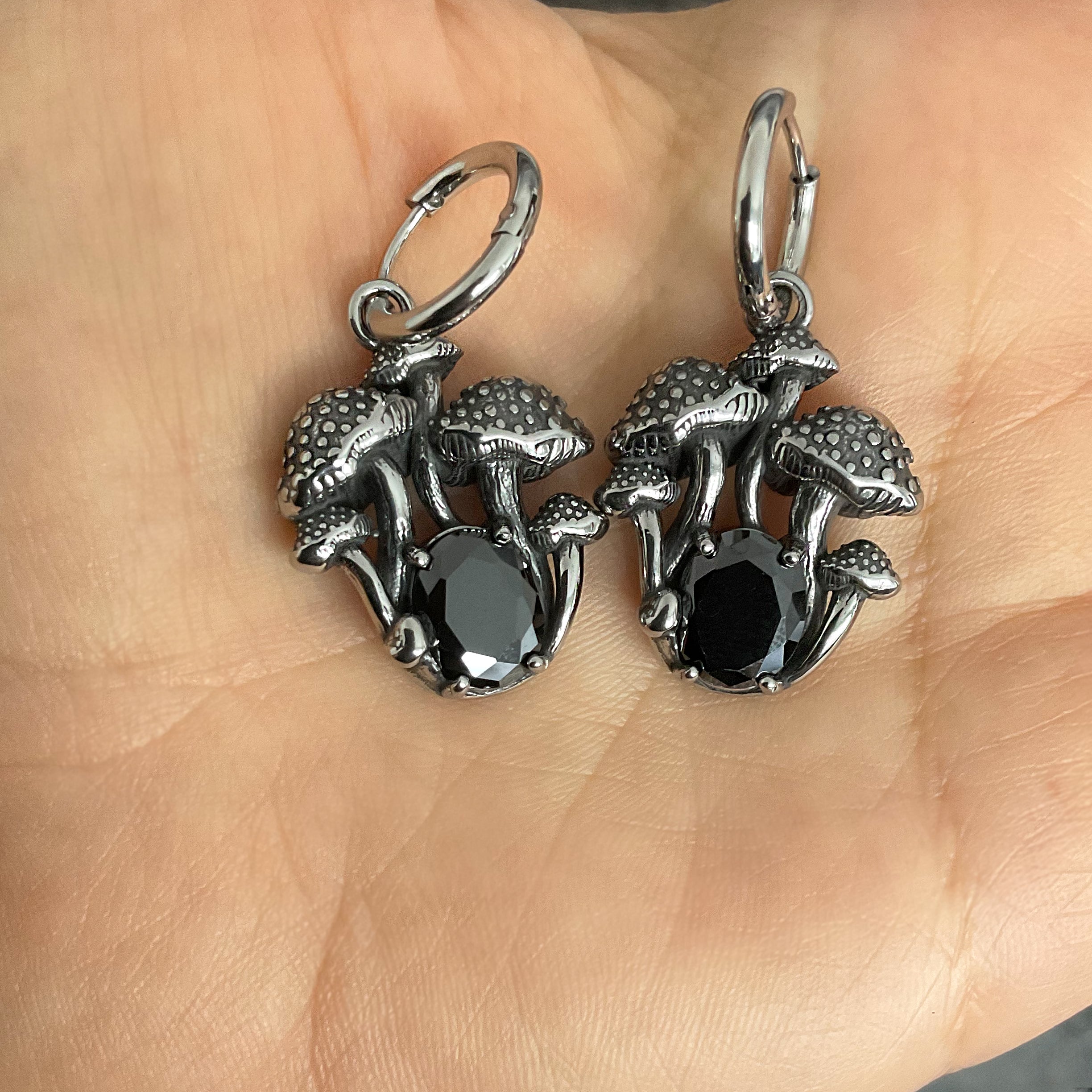 Mushroom hoop earrings with Black CZ