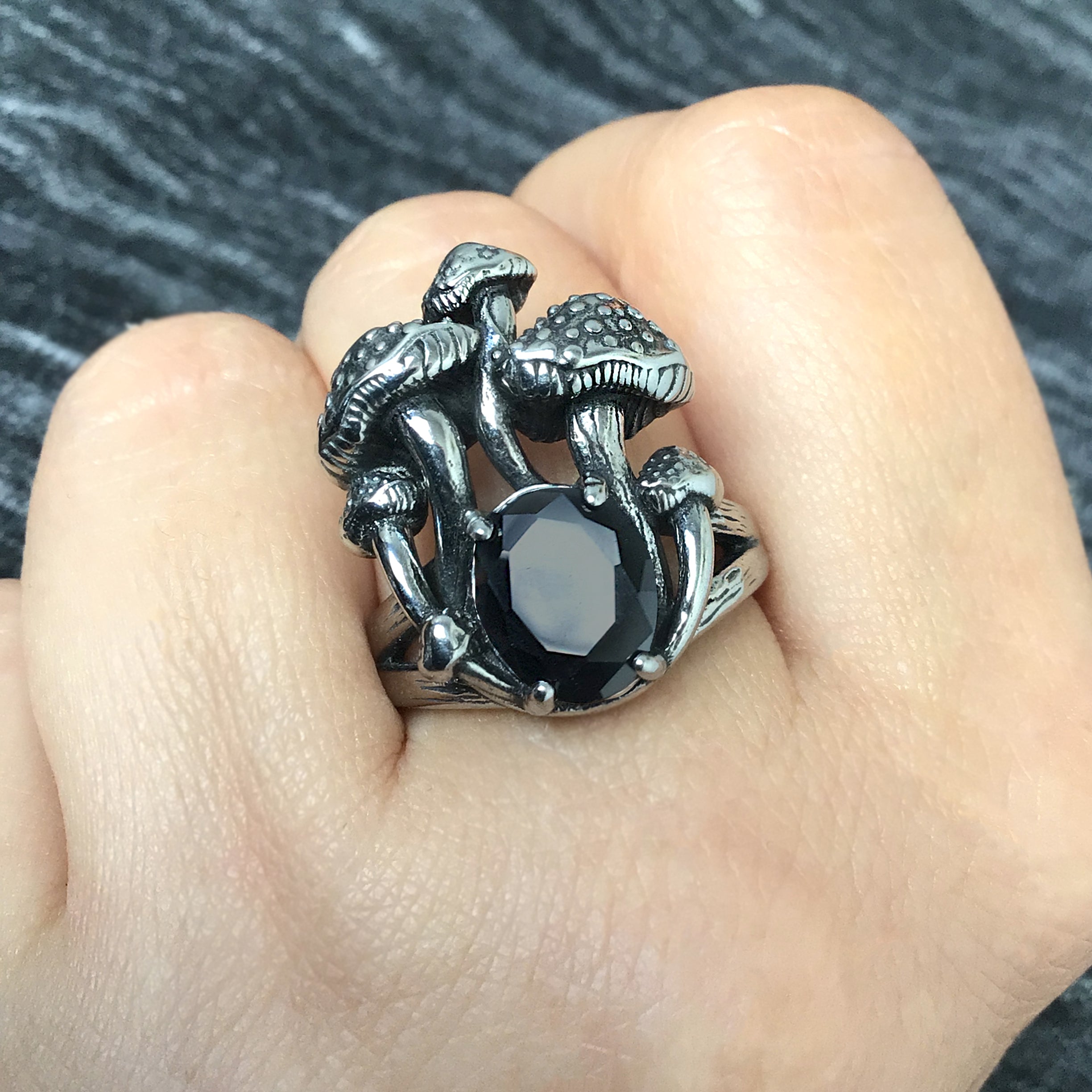 Mushrooms  ring with Black CZ