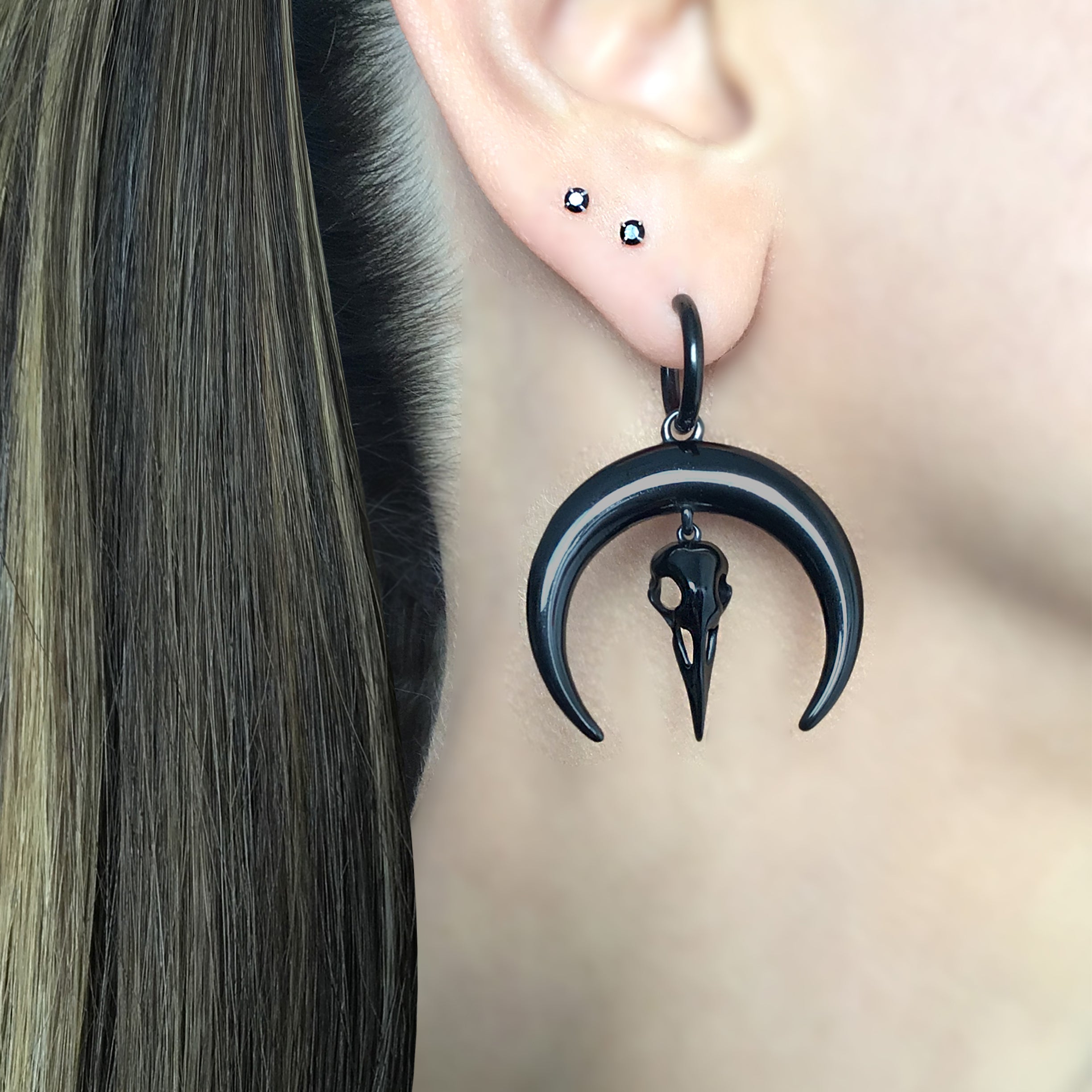 Moon and Raven hoop earrings in Black