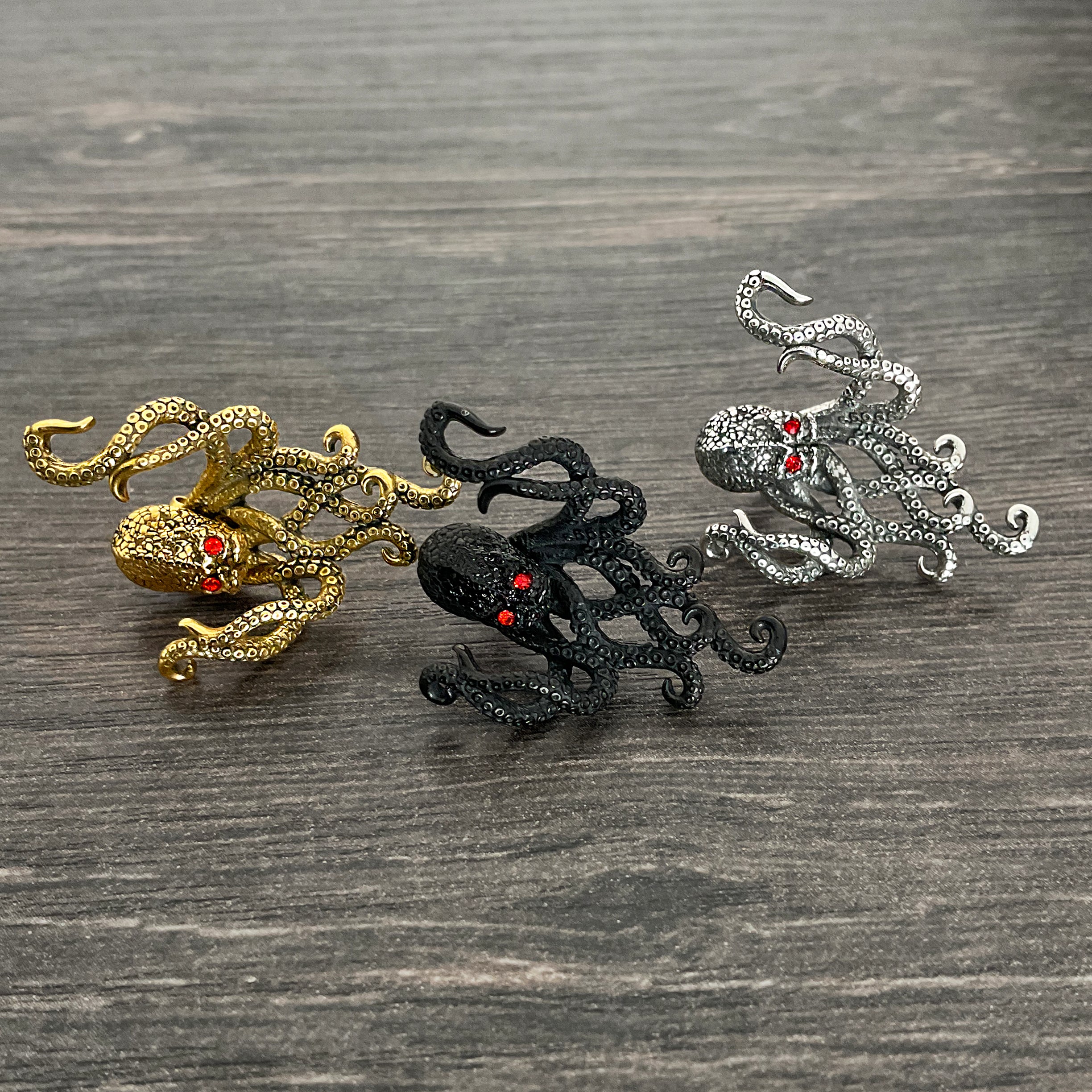 Octopus  front and back earrings with  CZ eyes in Black