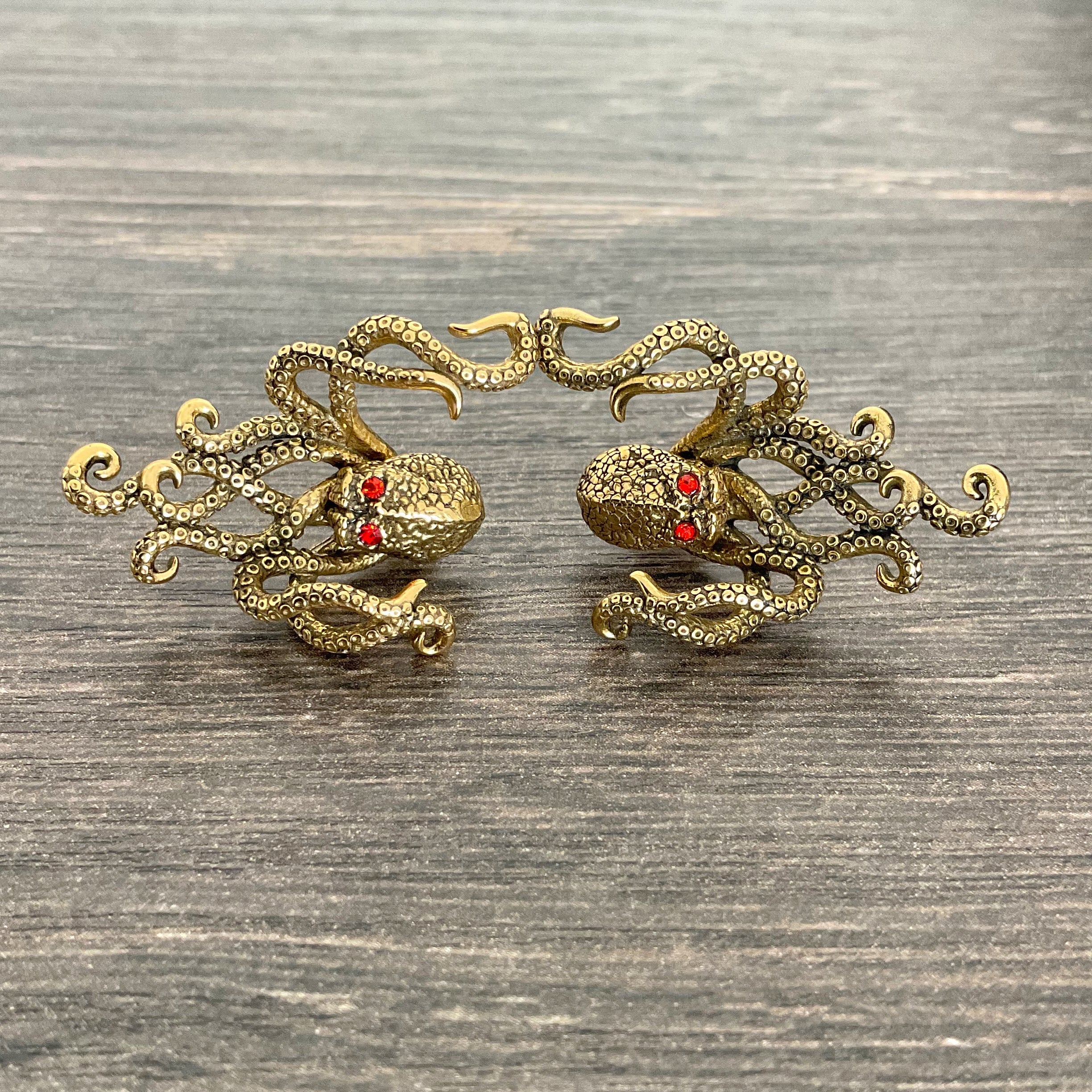 Octopus  front and back earrings with  CZ eyes in Gold