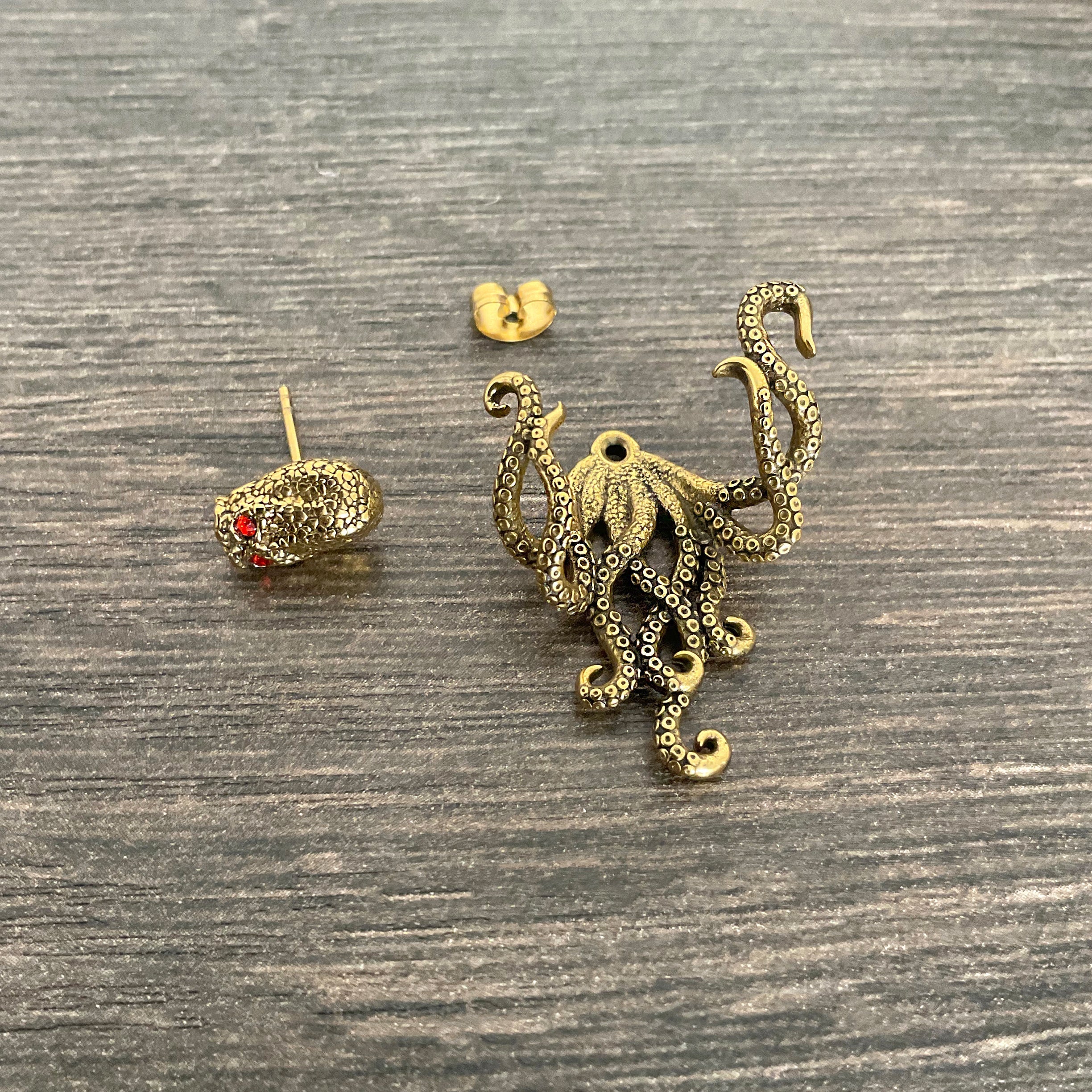 Octopus  front and back earrings with  CZ eyes in Gold