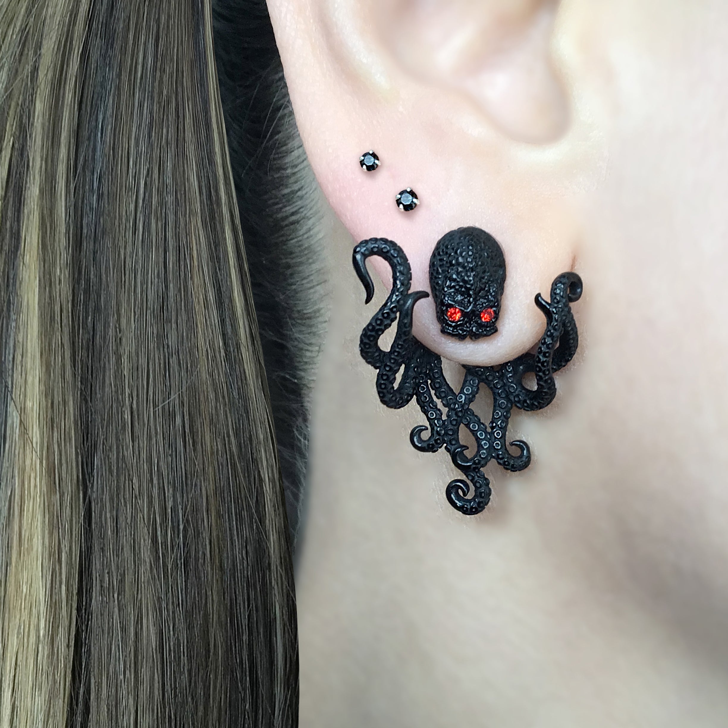 Octopus  front and back earrings with  CZ eyes in Gold