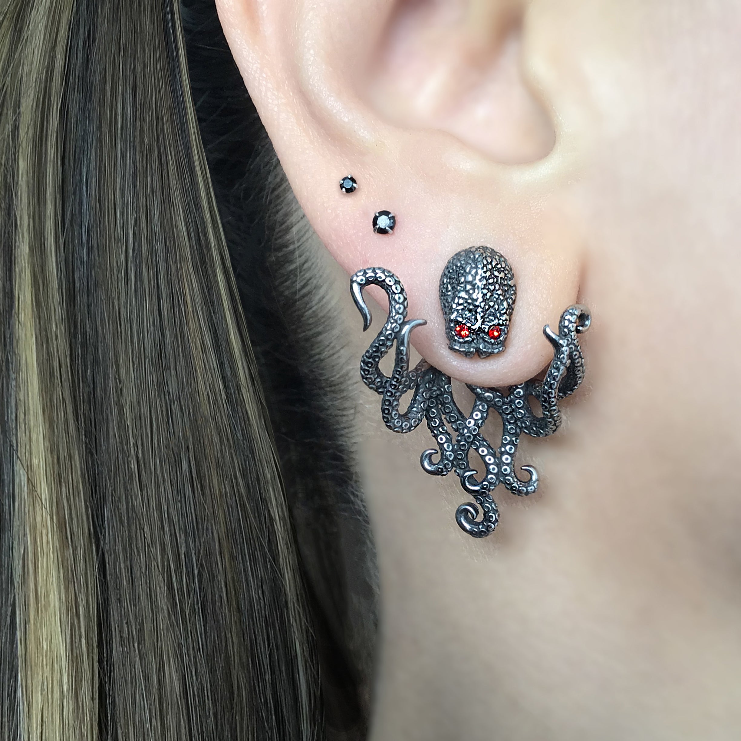 Octopus  front and back earrings with  CZ eyes in Black