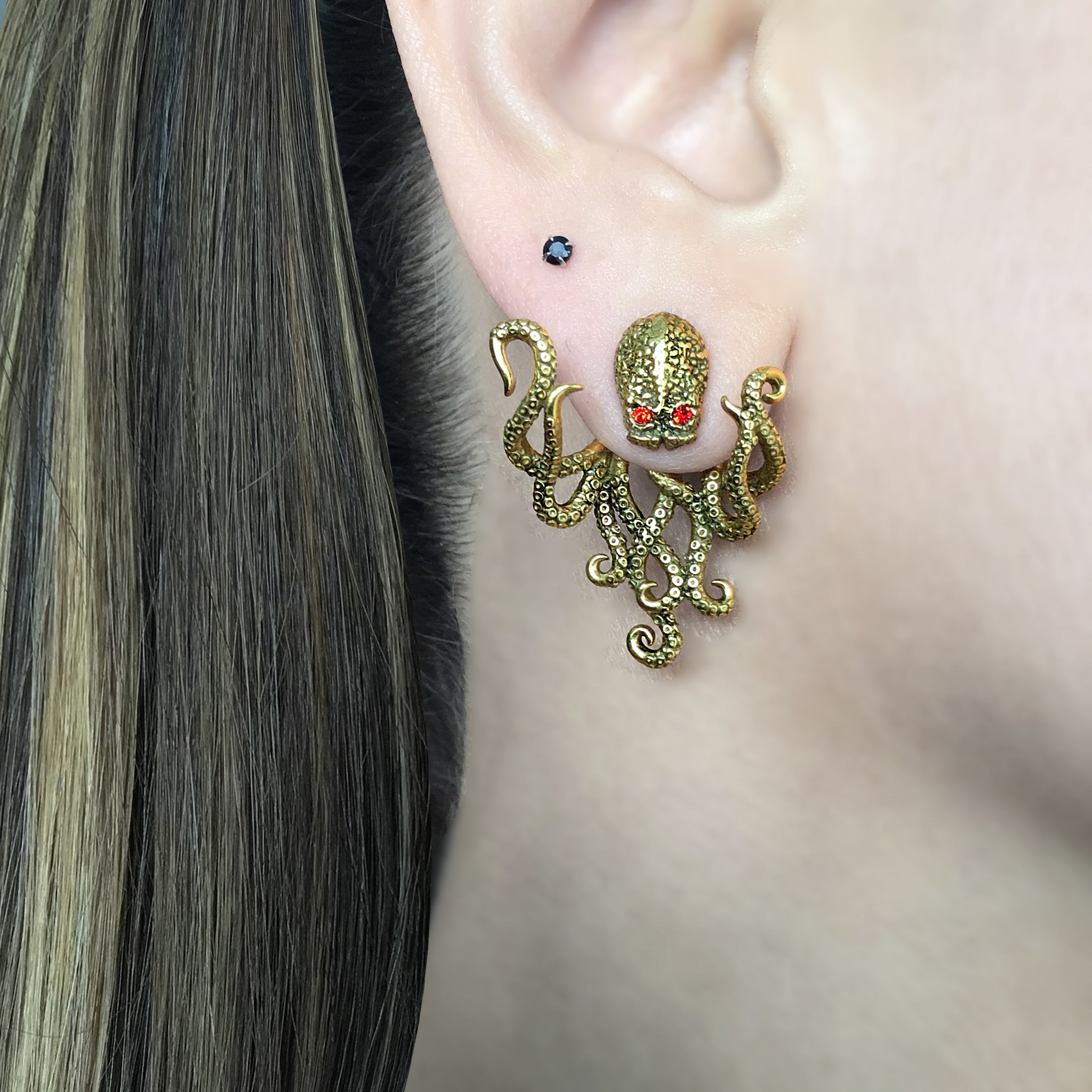 Octopus  front and back earrings with  CZ eyes in Silver