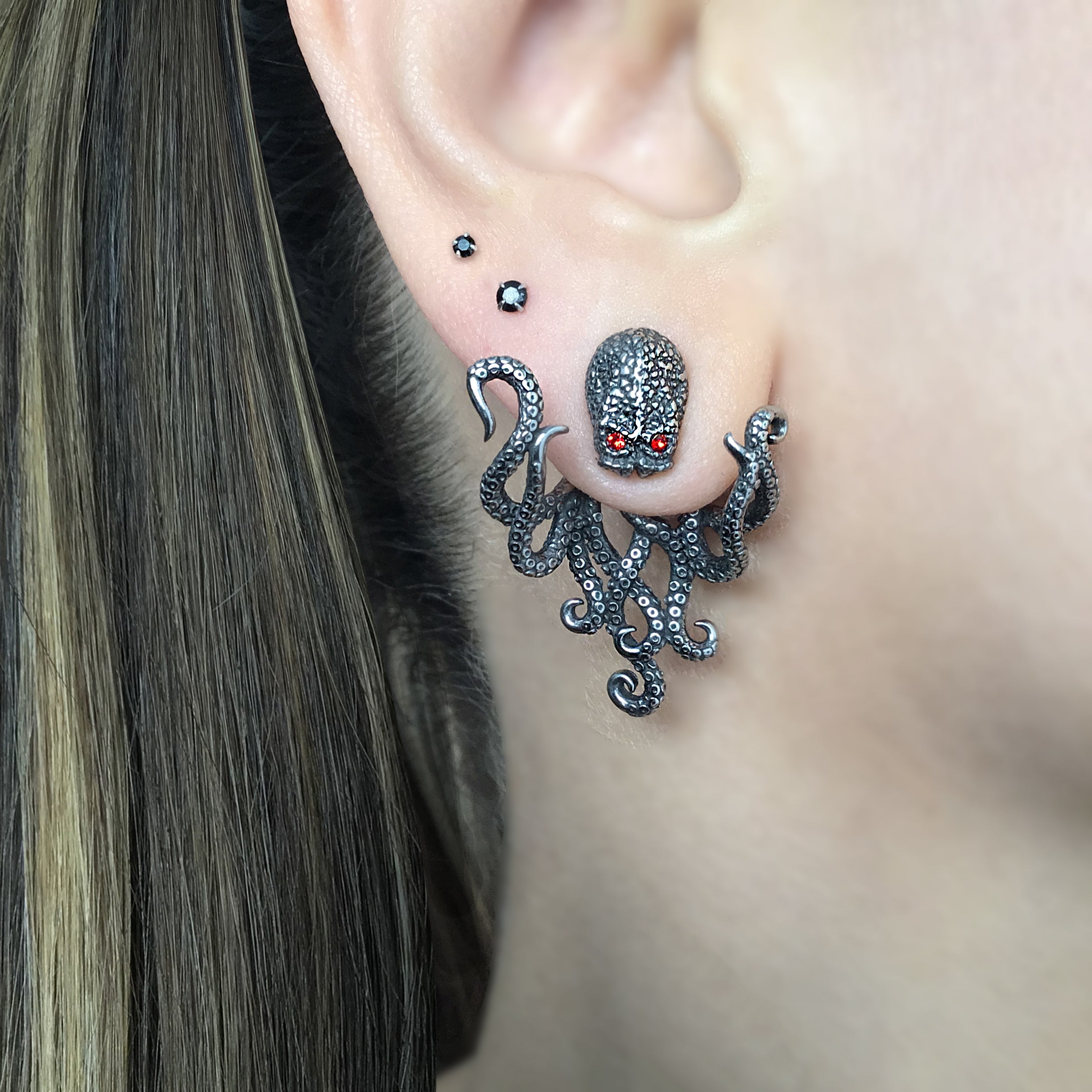 Octopus  front and back earrings with  CZ eyes in Black