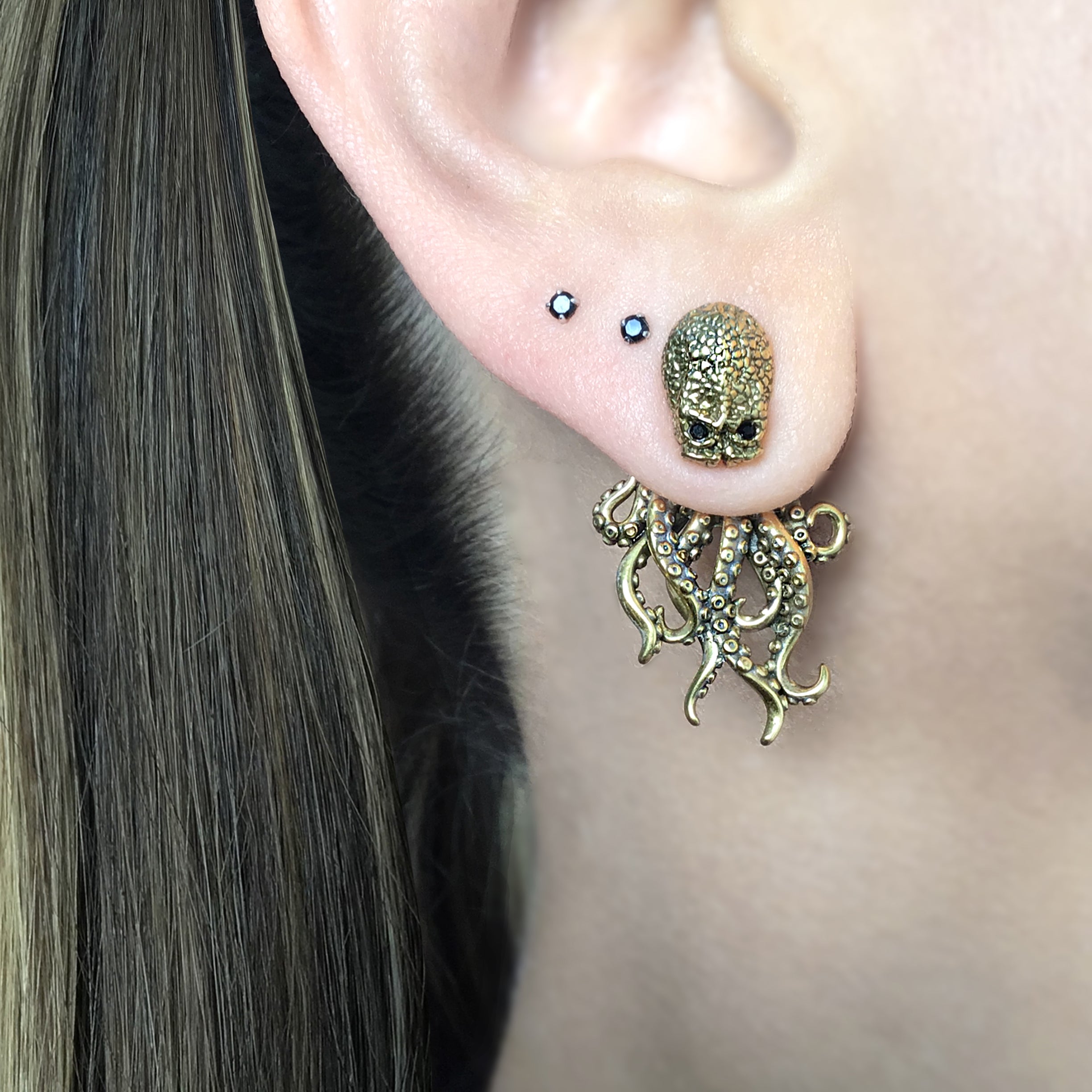 Octopus  ear jacket with  CZ eyes in Silver