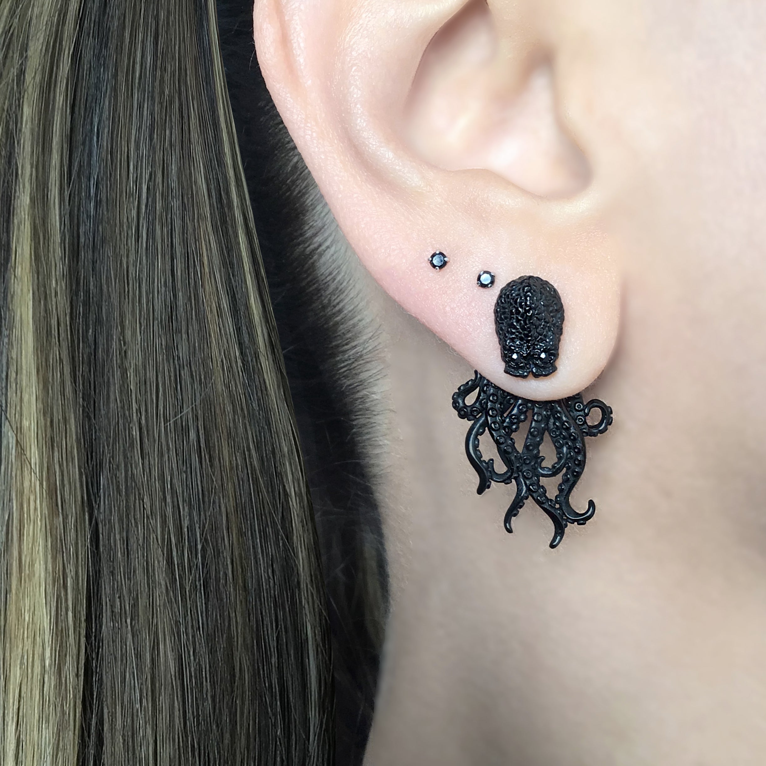 Octopus  ear jacket with  CZ eyes in Silver