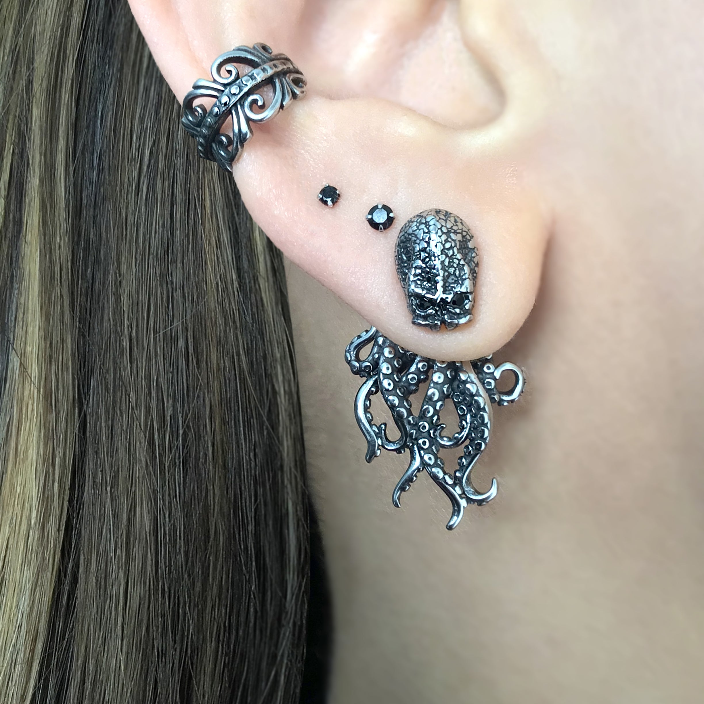 Octopus  ear jacket with  CZ eyes in Silver