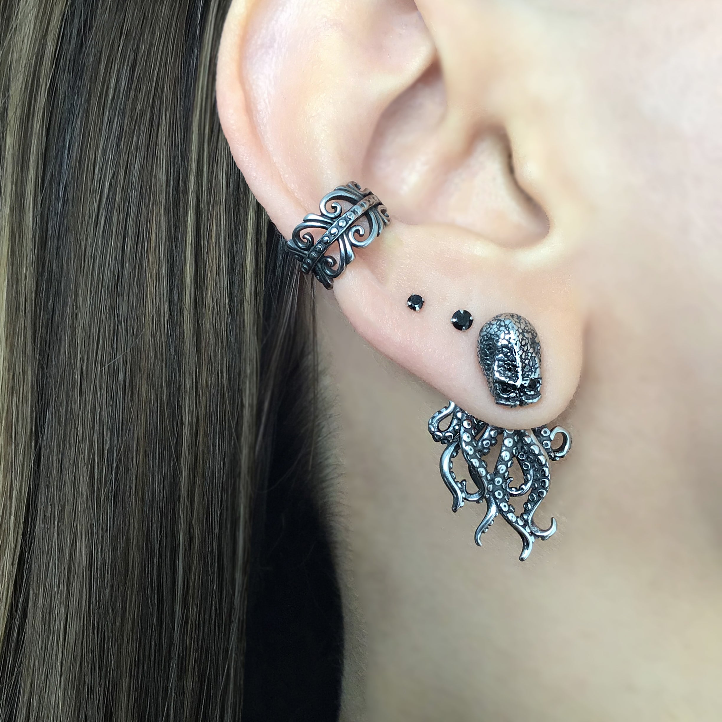 Octopus  ear jacket with  CZ eyes in Silver