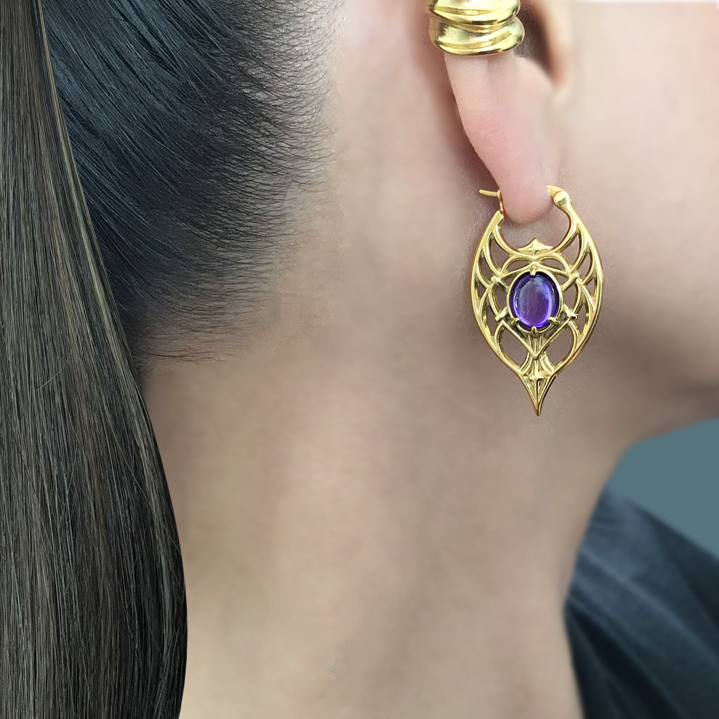 Gothic Ornate Hoop Earrings with Purple Gemstone