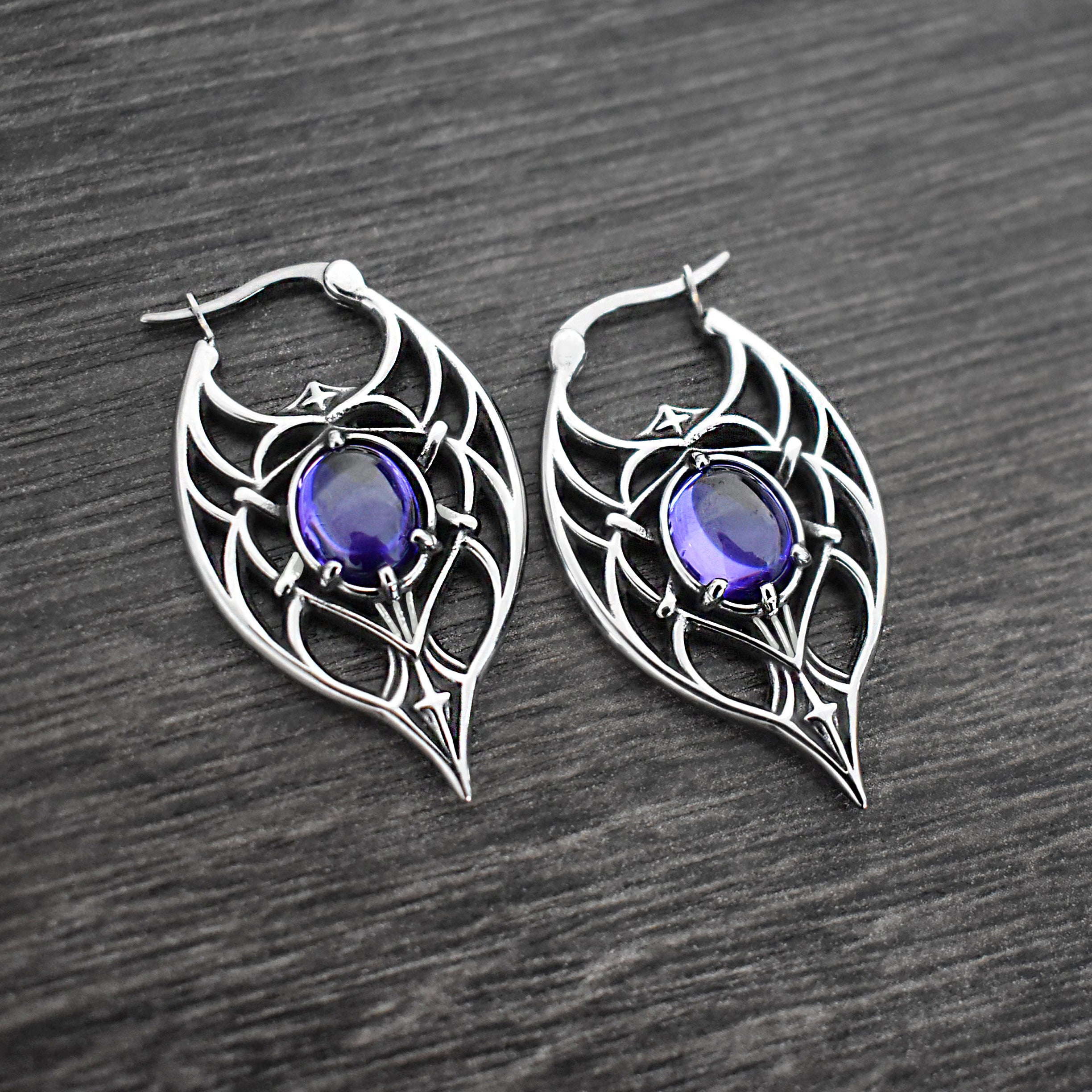 Gothic Ornate Hoop Earrings with Purple Gemstone