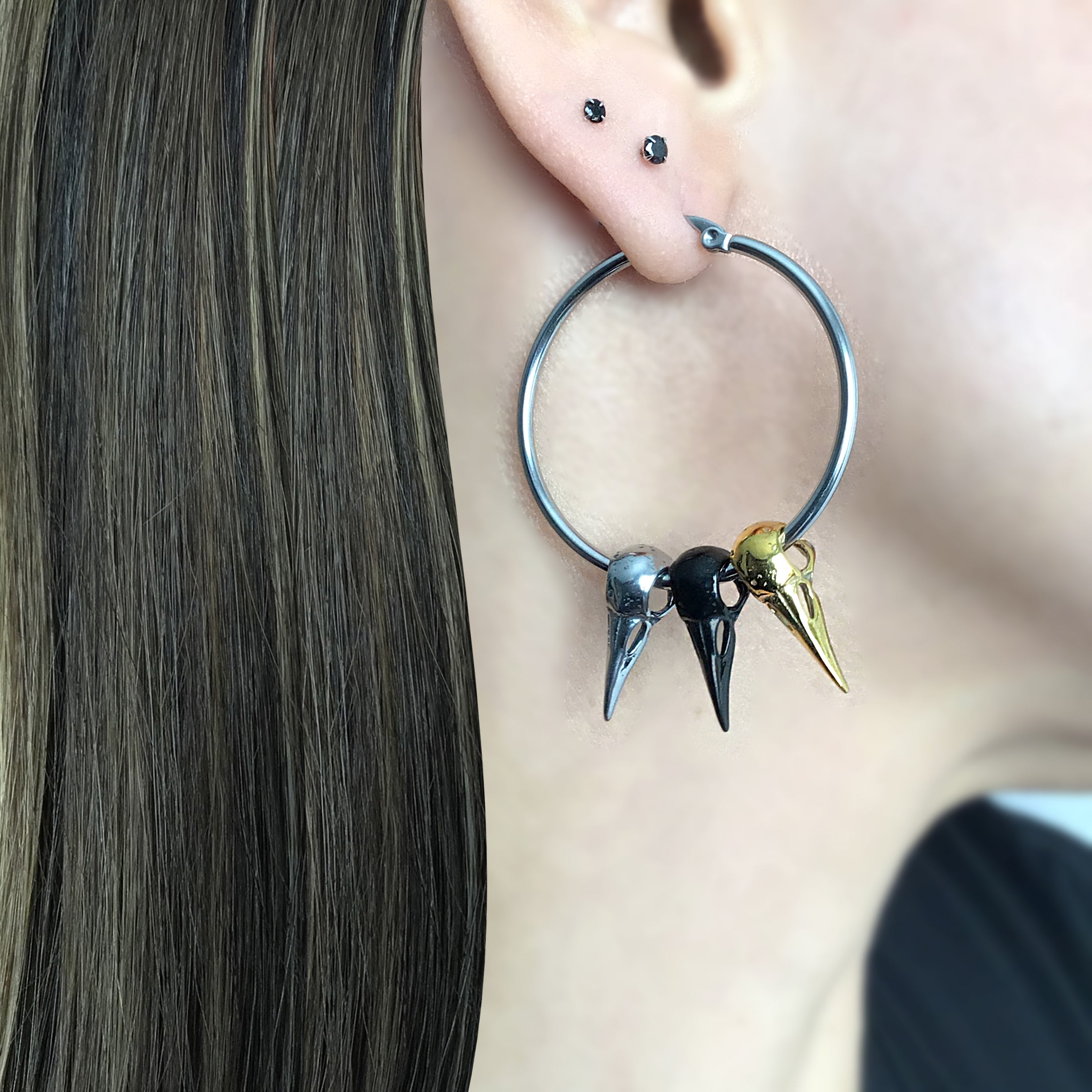 Three Raven skulls hoops