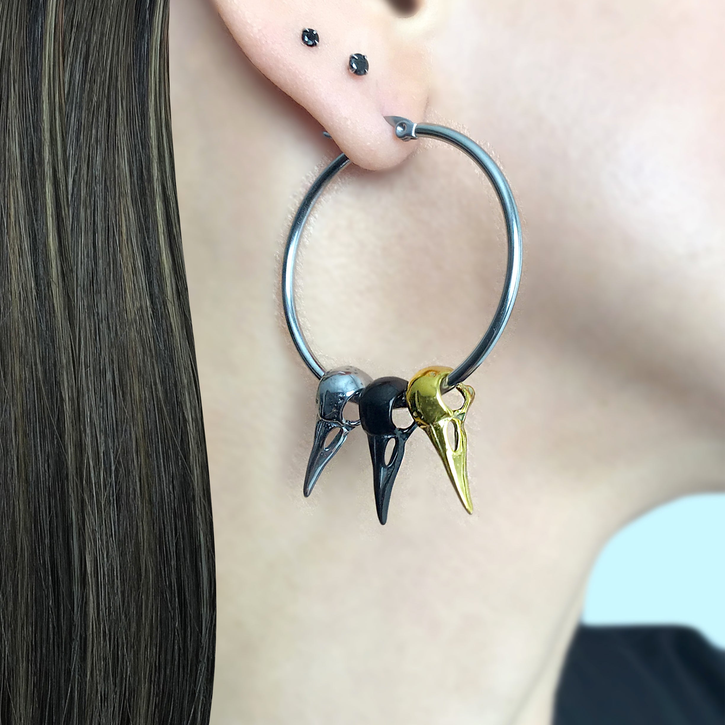 Three Raven skulls hoops