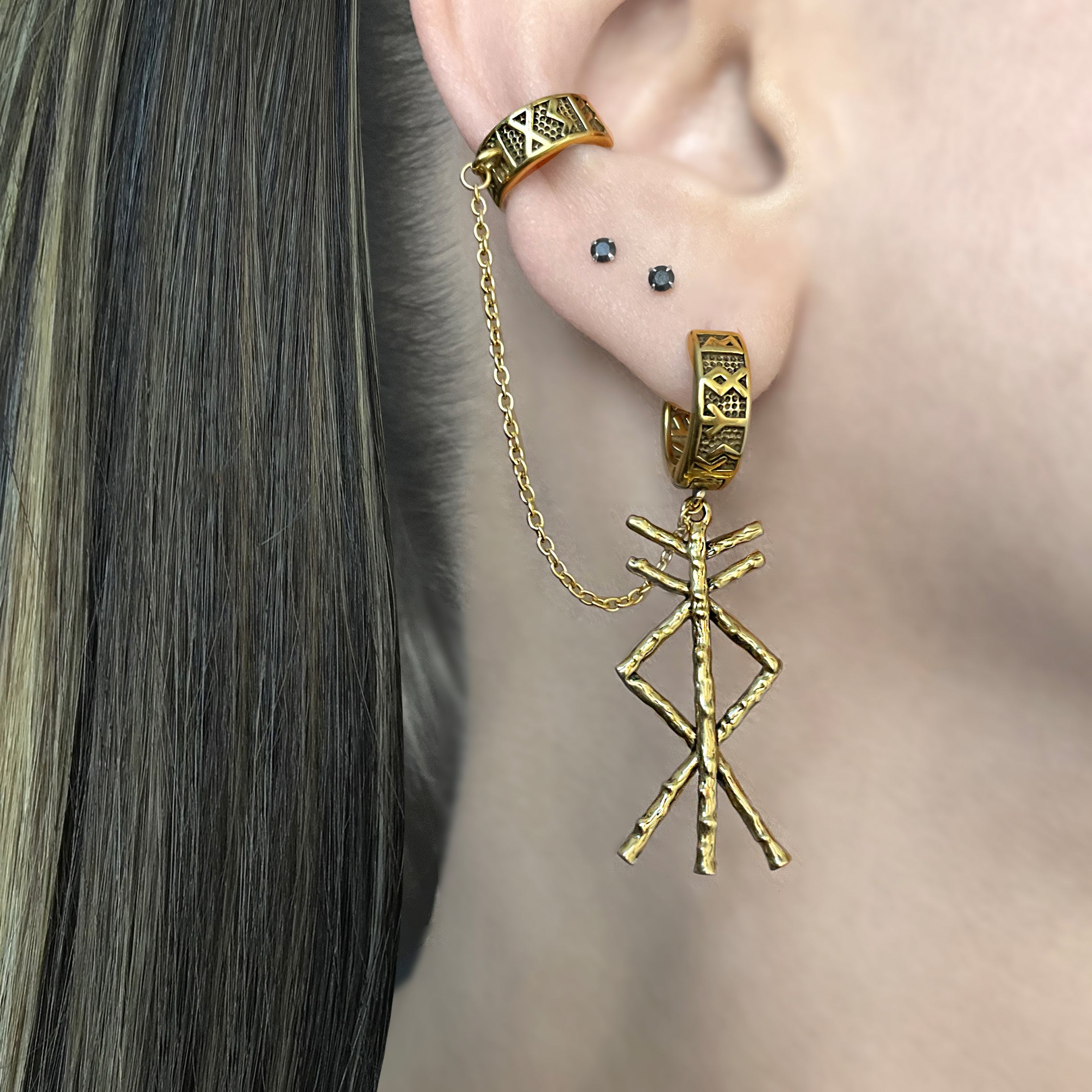 Rune bind hoop earrings with ear cuff