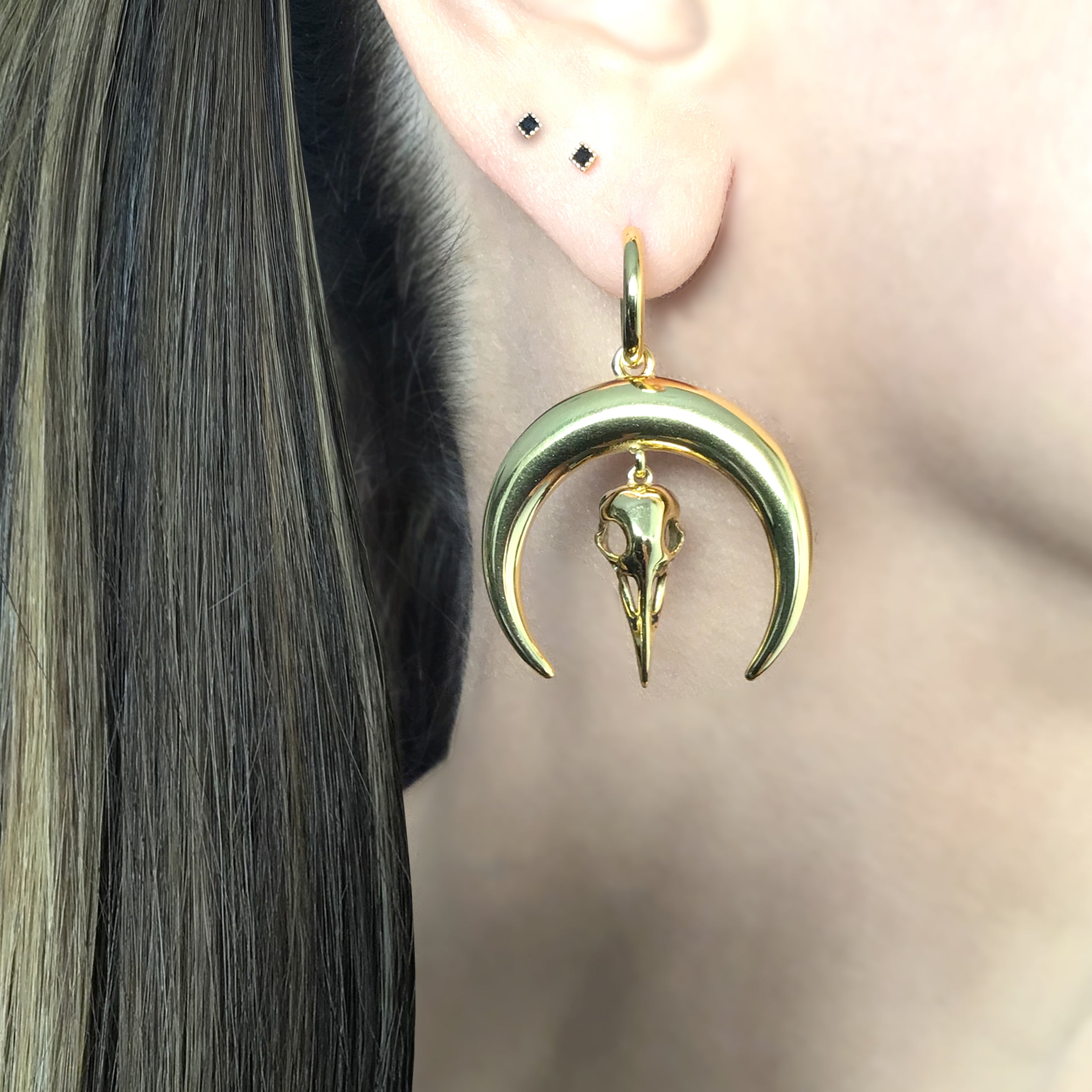 Moon and Raven hoop earrings in Black