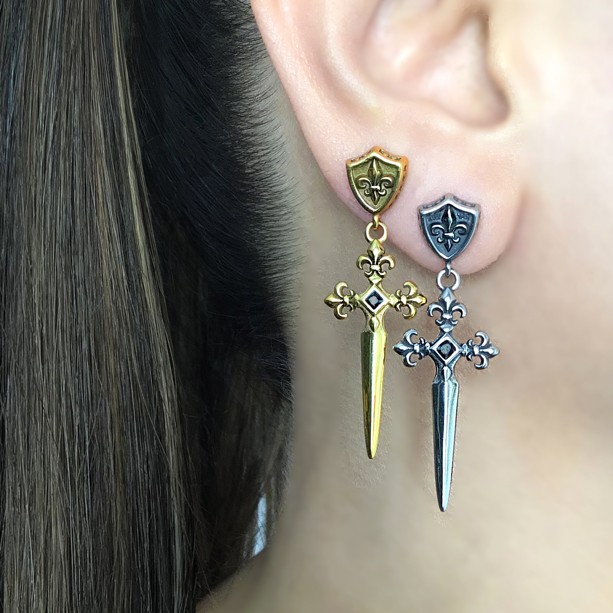 Fleur-de-lis Sword and Shield earrings