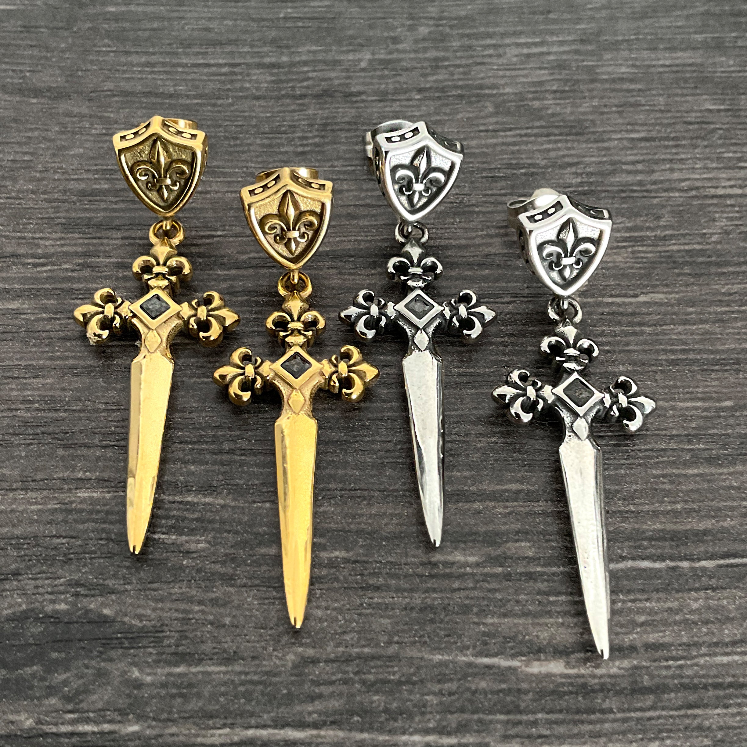 Fleur-de-lis Sword and Shield earrings