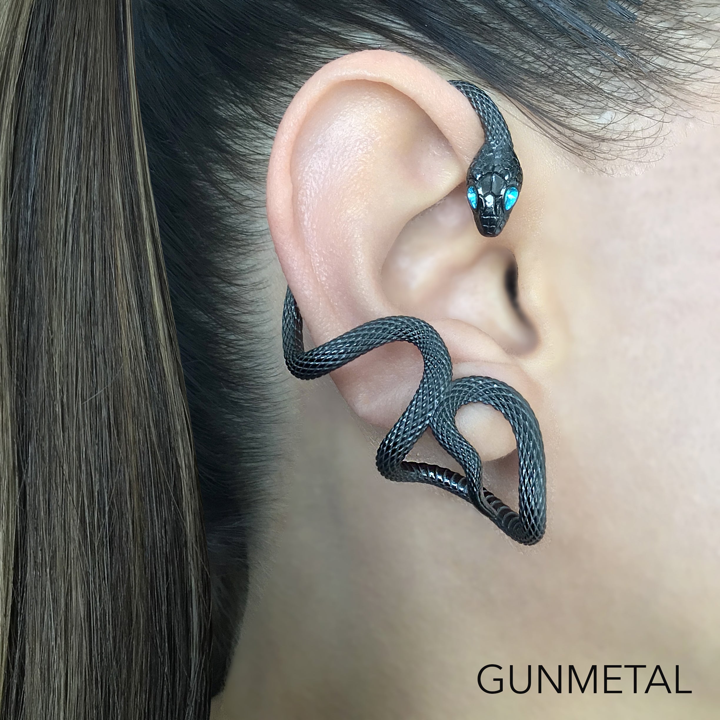 Snake ear wrap with Aquamarine Cz stones in Black